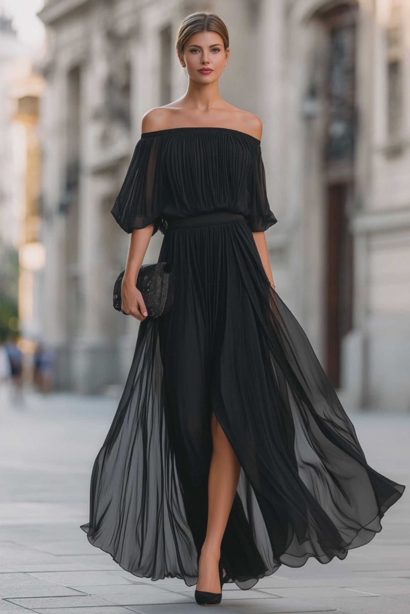 Pleated Chiffon Off Shoulder Maxi Dress, Navy / S