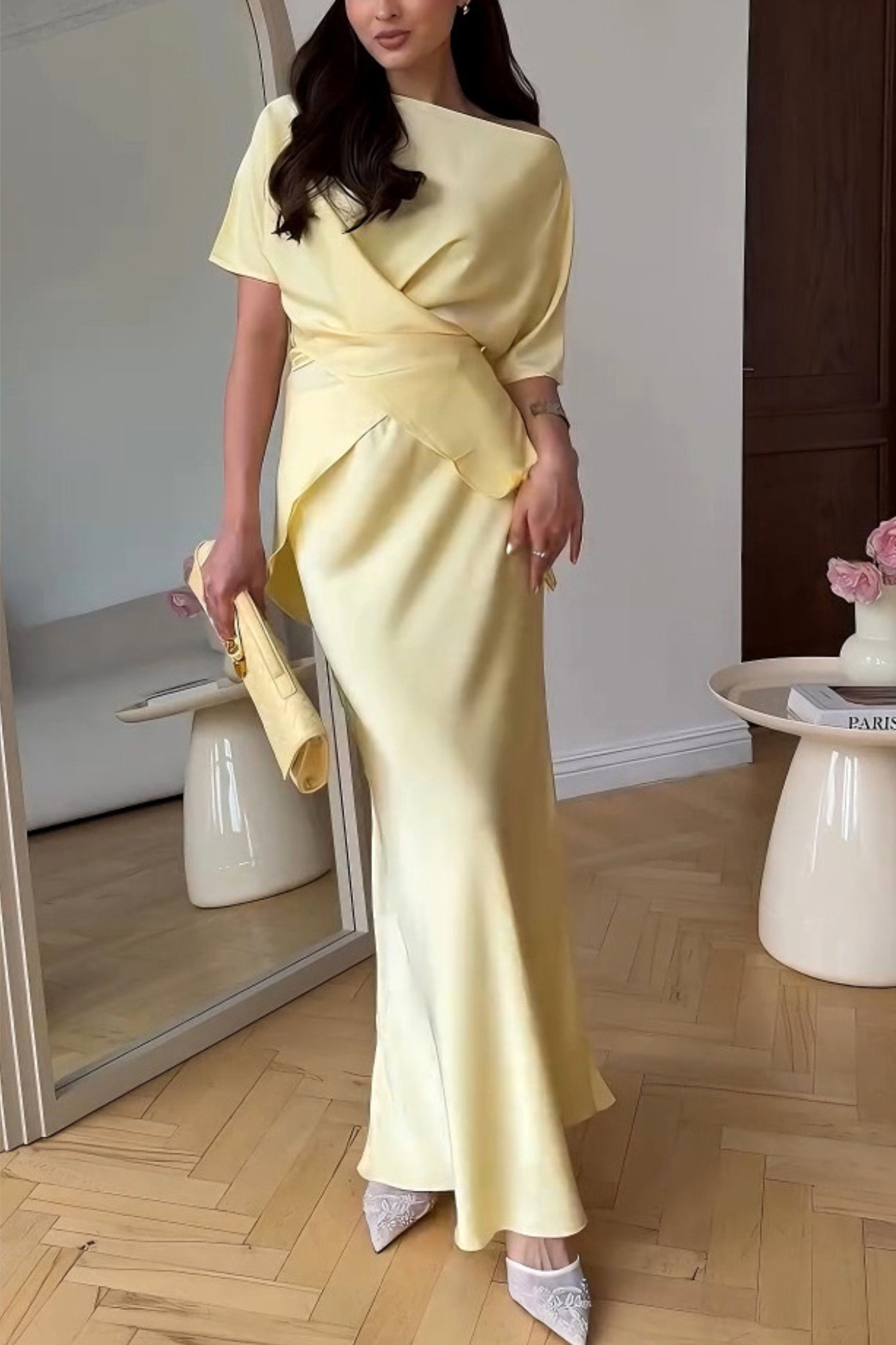 Draped Satin Midi Dress with Asymmetric Neckline, Yellow / S