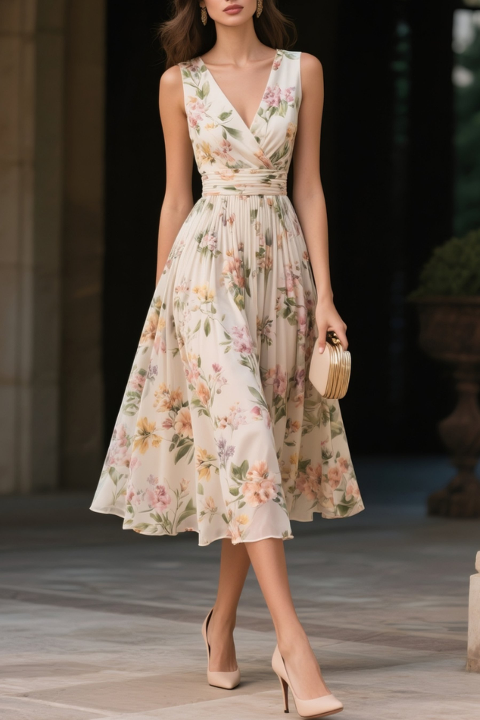 Soft Beige Floral Chiffon Midi Dress with Ruched V Neck, Beige / XS