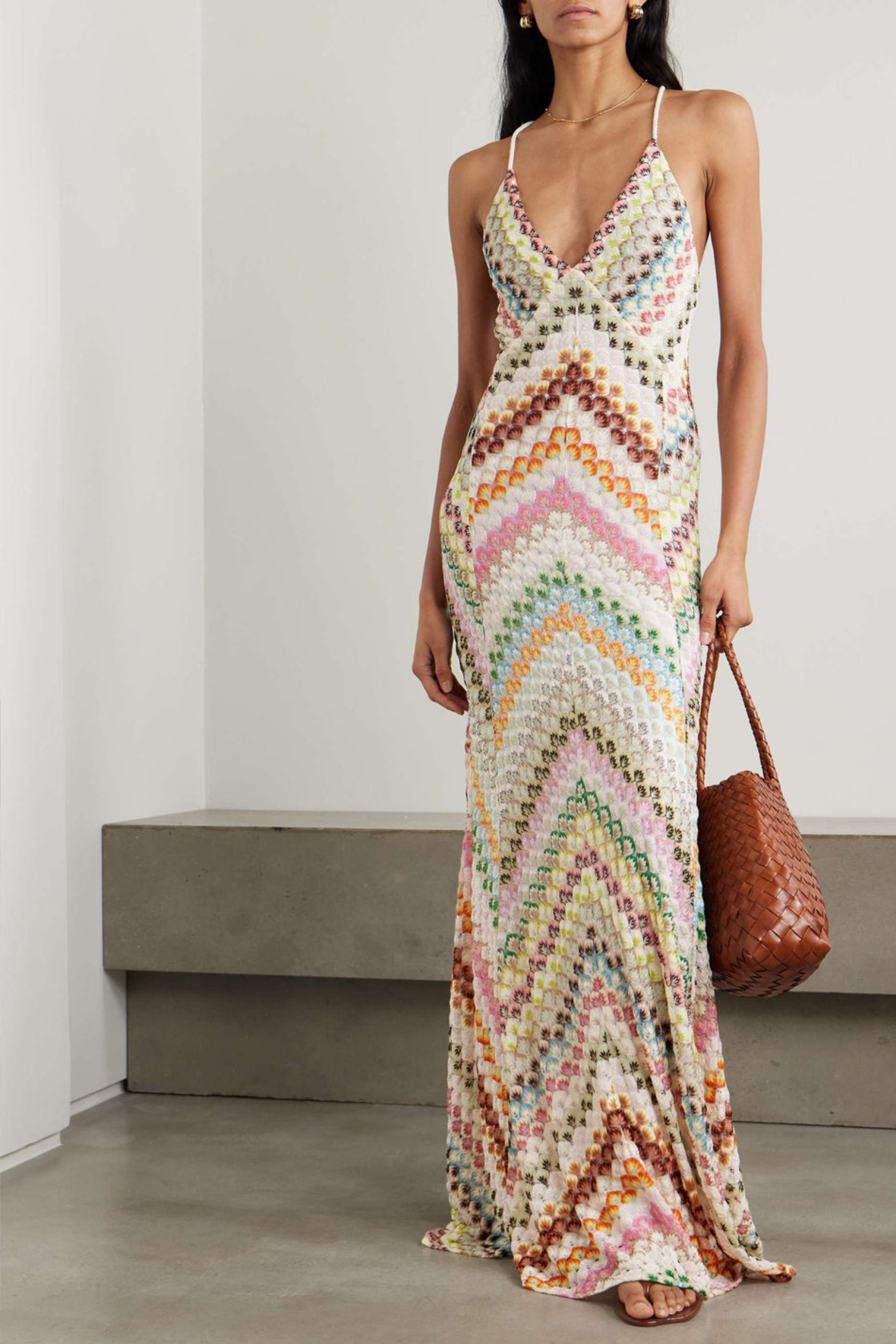 Open Back Knit Maxi Dress with Vibrant Herringbone Pattern, Multicolor / S
