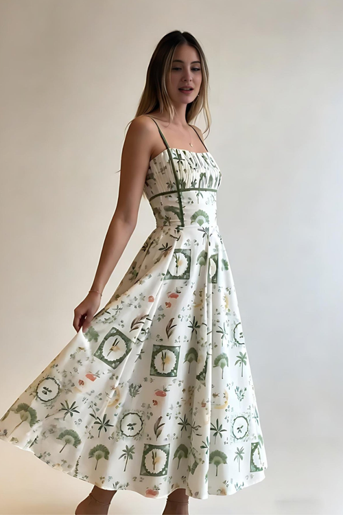 Botanical Print Smocked Waist Midi Dress