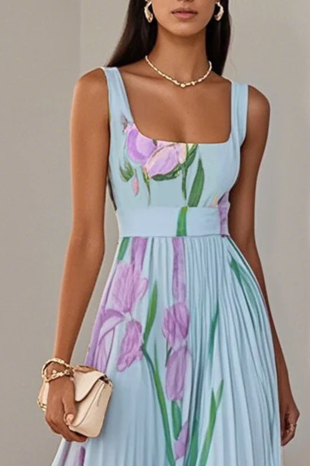 Floral Pleated Chiffon Square Neck Maxi Dress