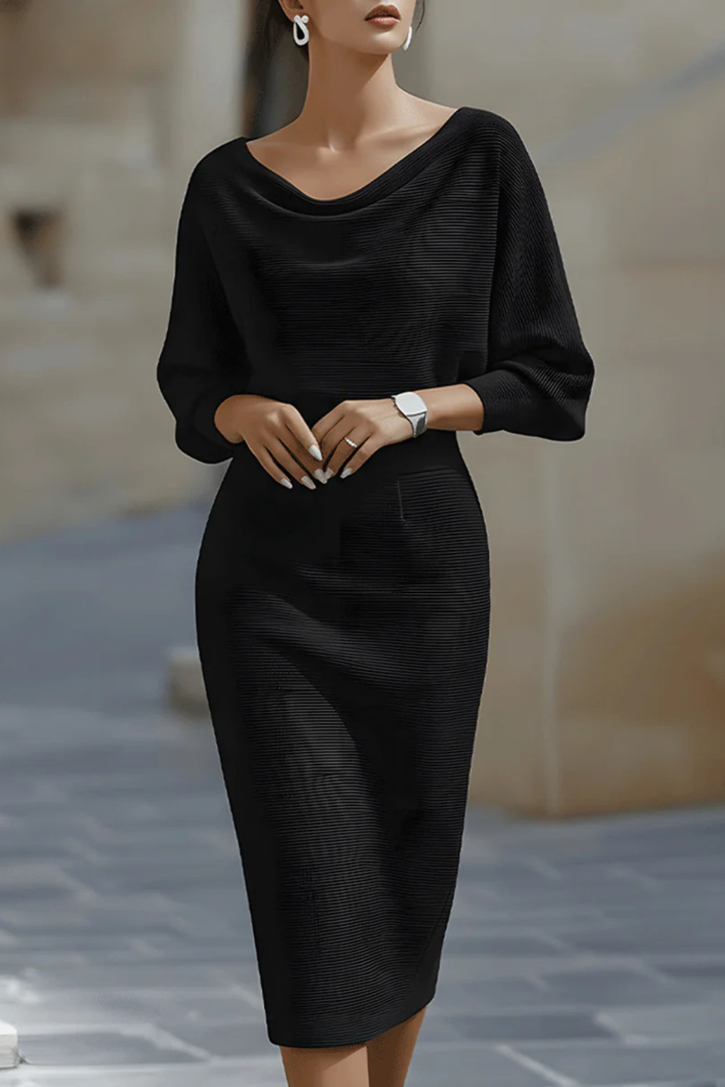 Cowl Neck Bat Sleeve Bodycon Midi Dress