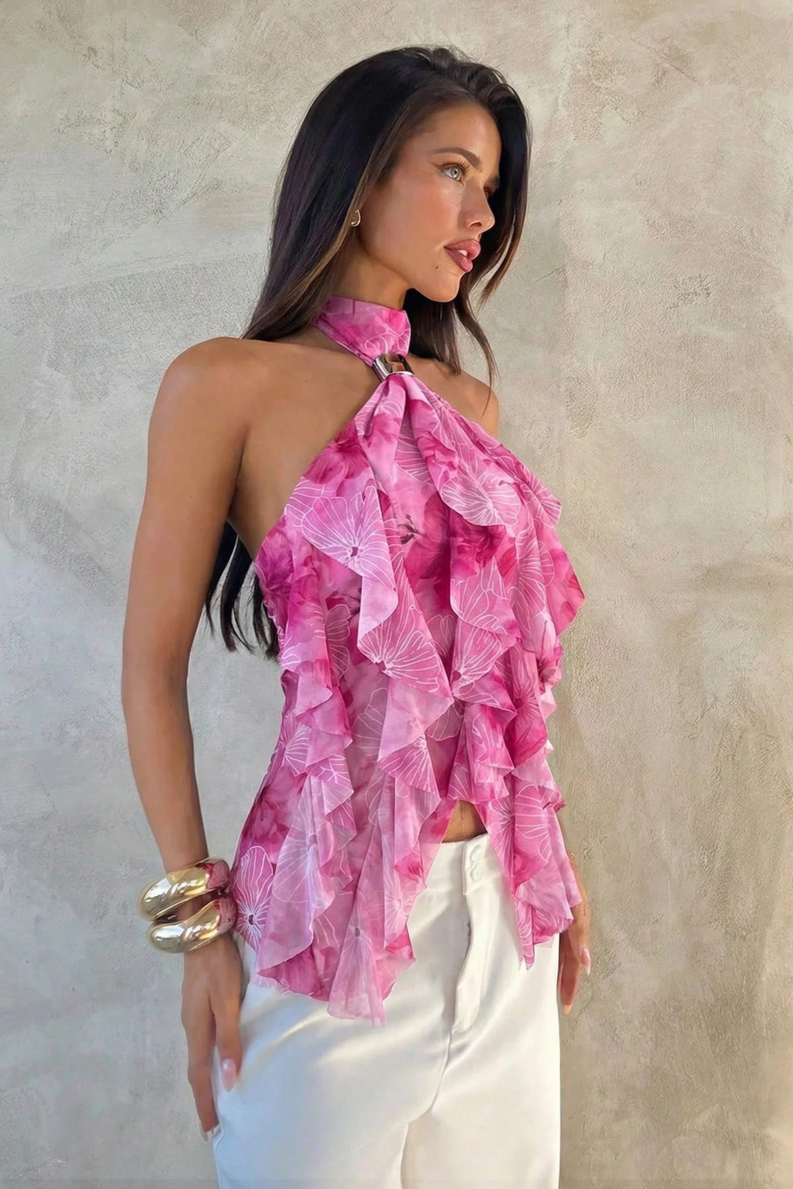 Layered Halter Party Top with Sheer Ruffle Detail