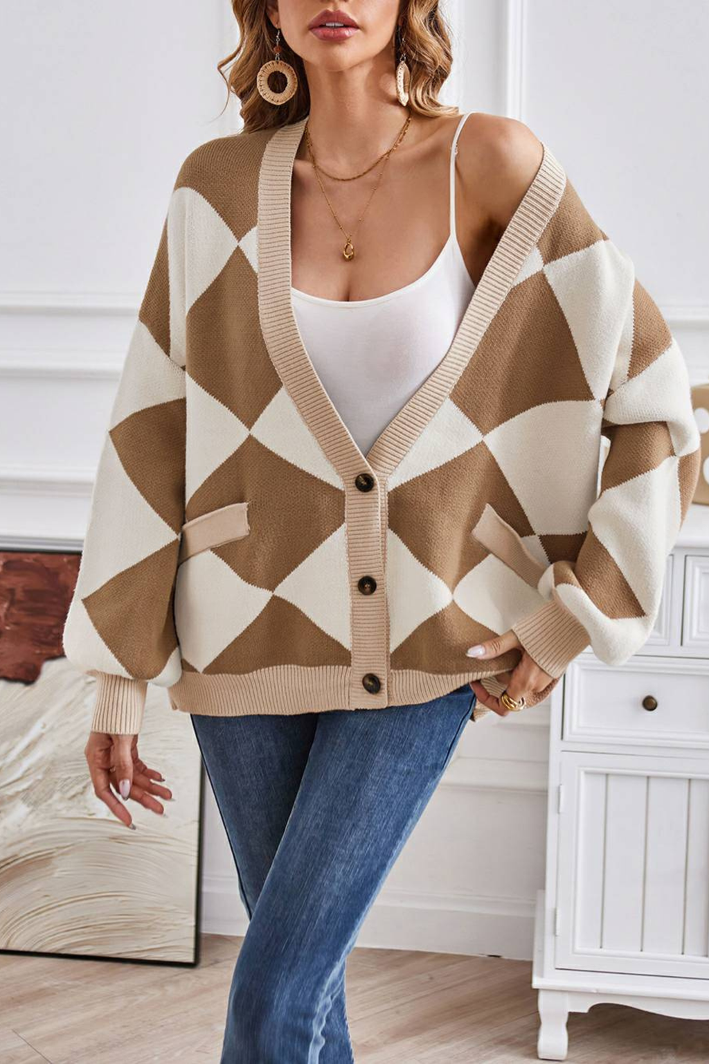 Women's Geometric Knit V Neck Cardigan