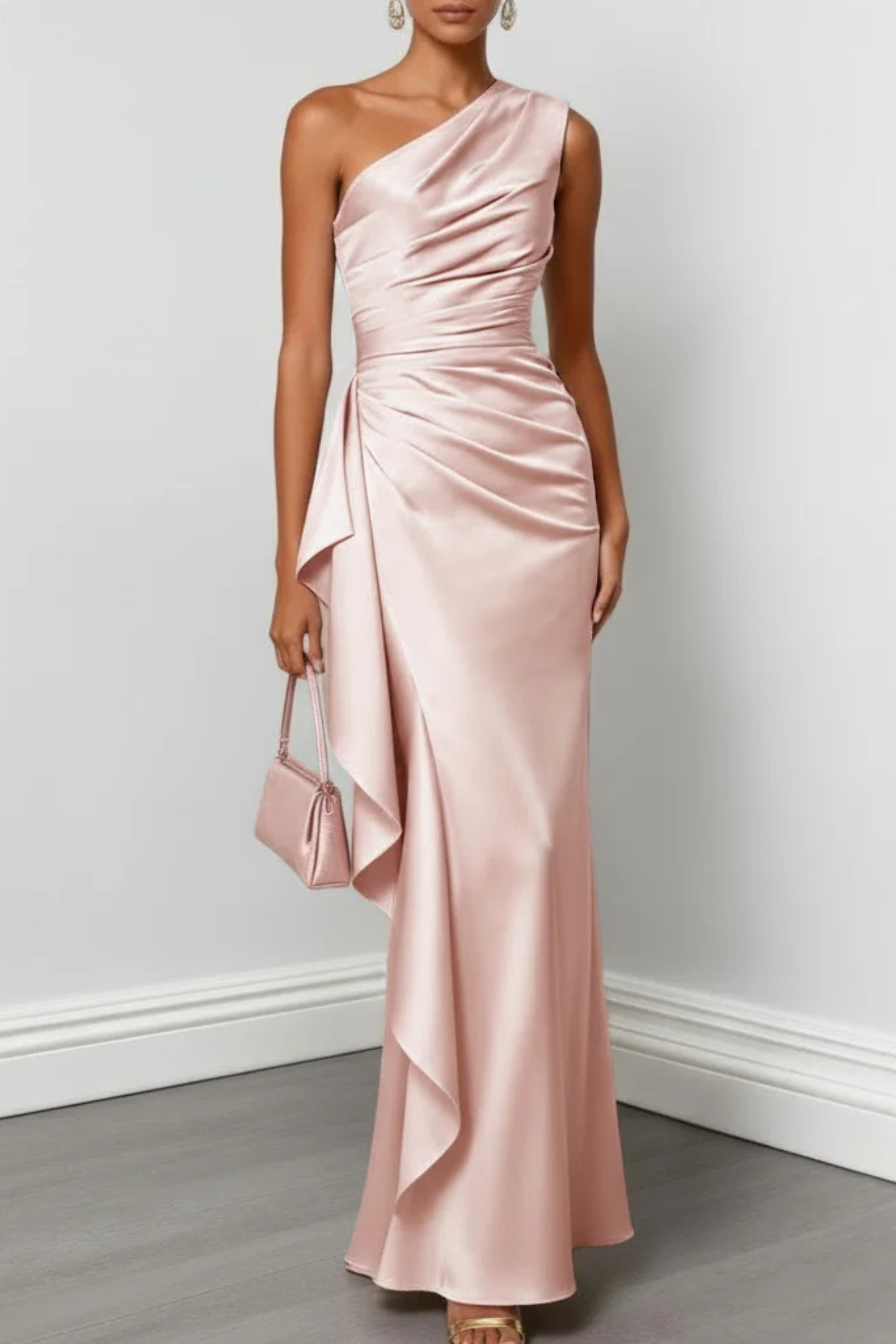 One Shoulder Ruched Satin Maxi Dress with Ruffle Detail, Champagne / S