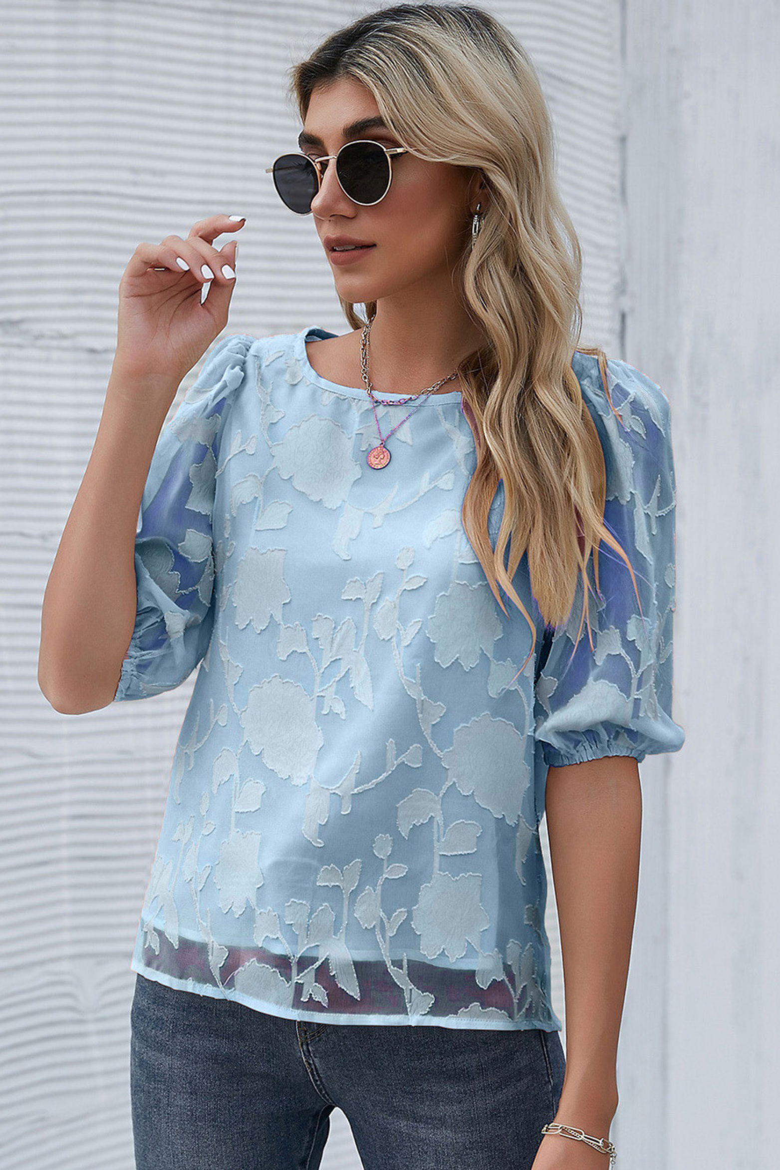 Floral Puff Sleeve Crew Neck Blouse