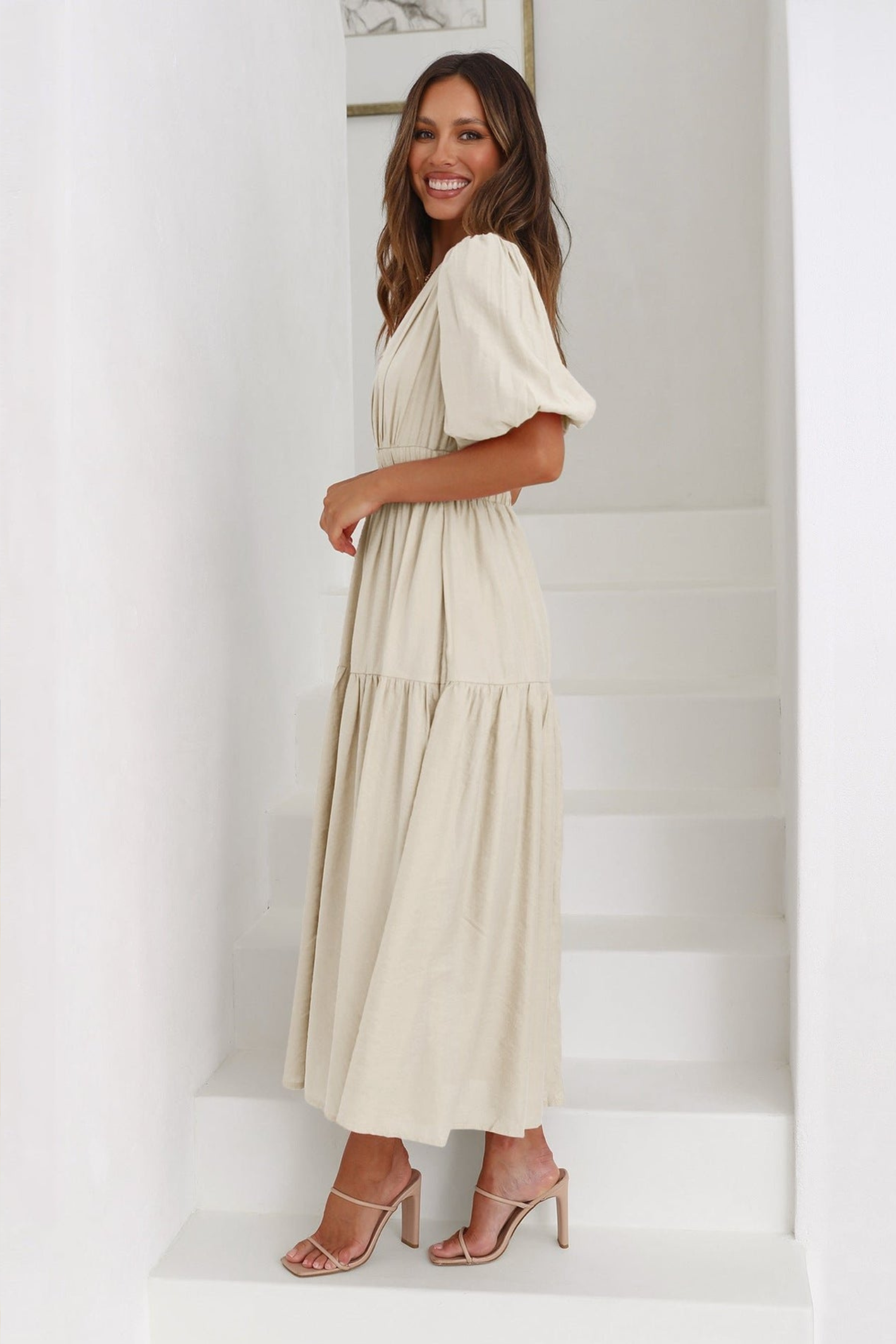 Puff Sleeve Smocked Waist V Neck Midi Dress