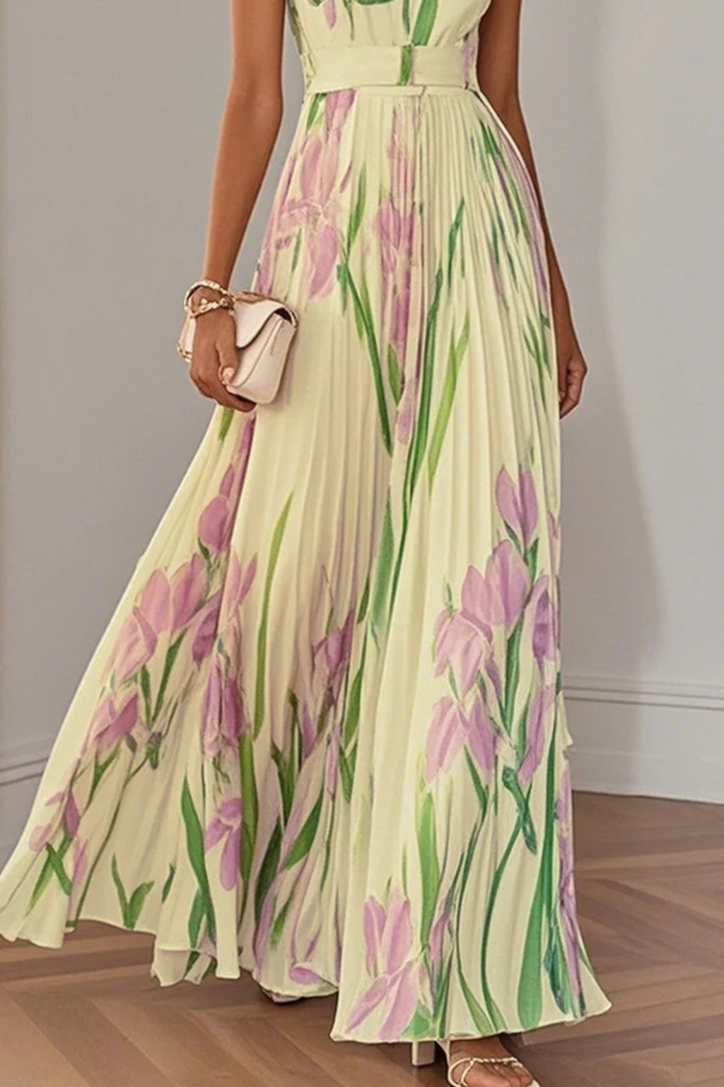 Floral Pleated Chiffon Square Neck Maxi Dress
