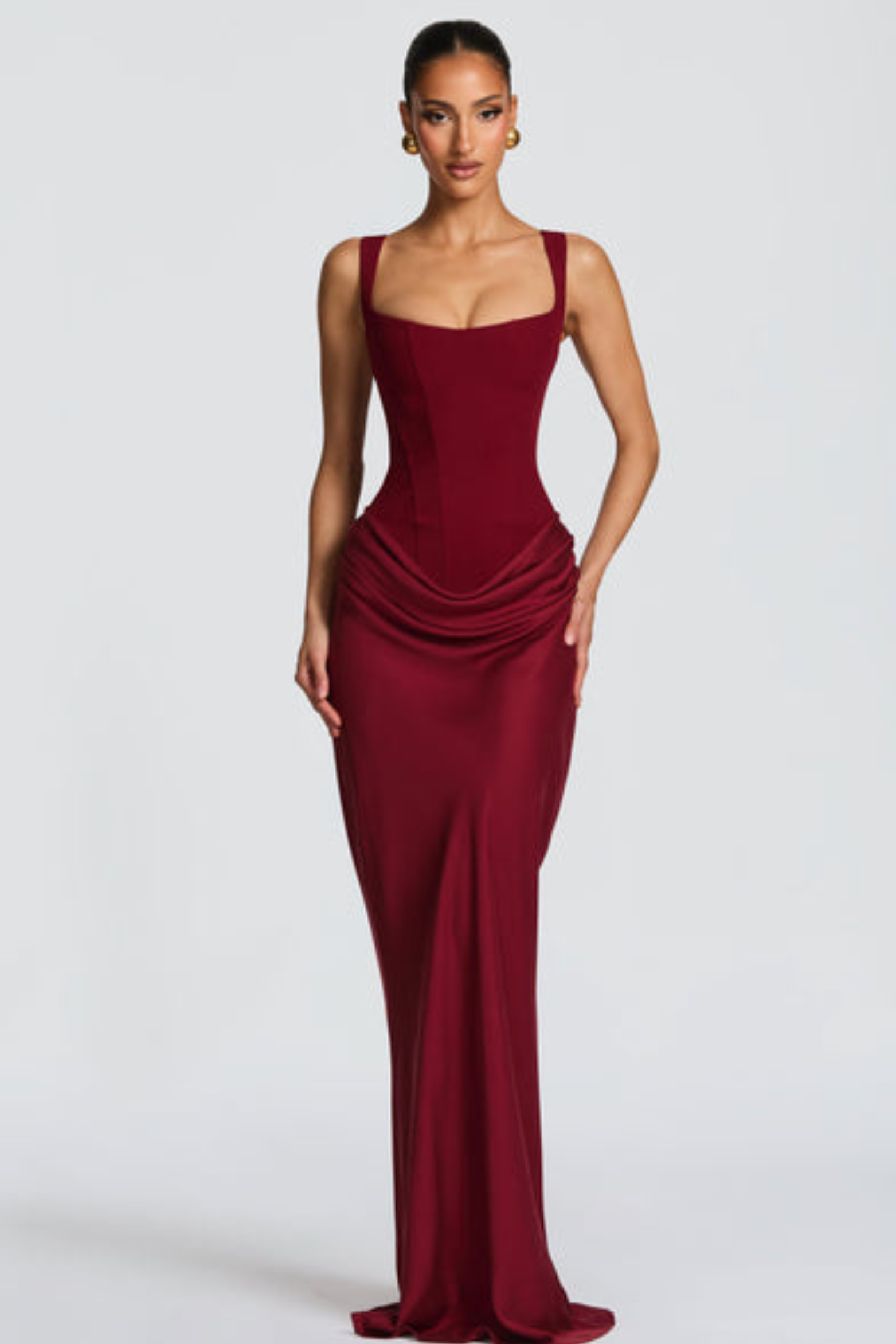 Square Neck Satin Maxi Dress with Open Lace Up Back