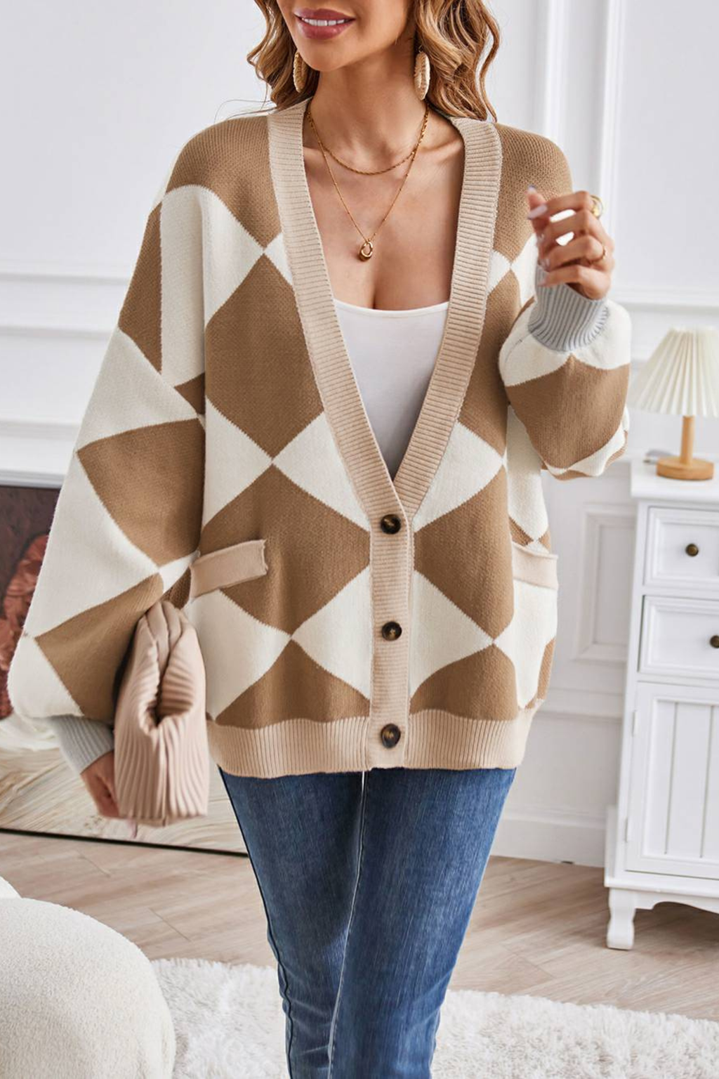 Women's Geometric Knit V Neck Cardigan