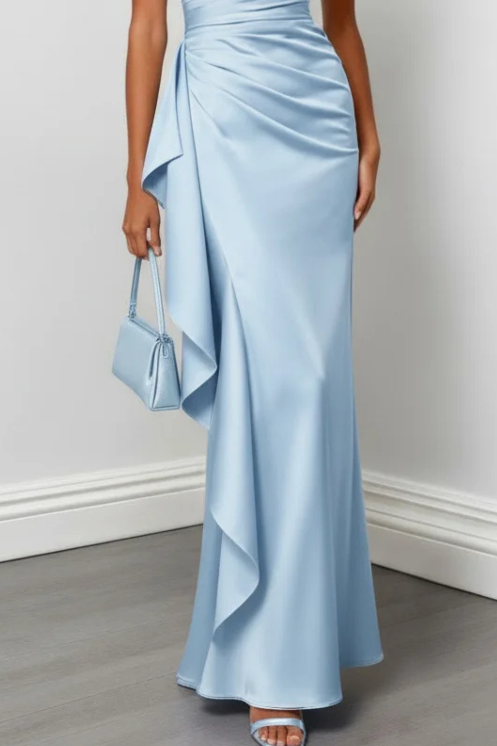 One Shoulder Ruched Satin Maxi Dress with Ruffle Detail