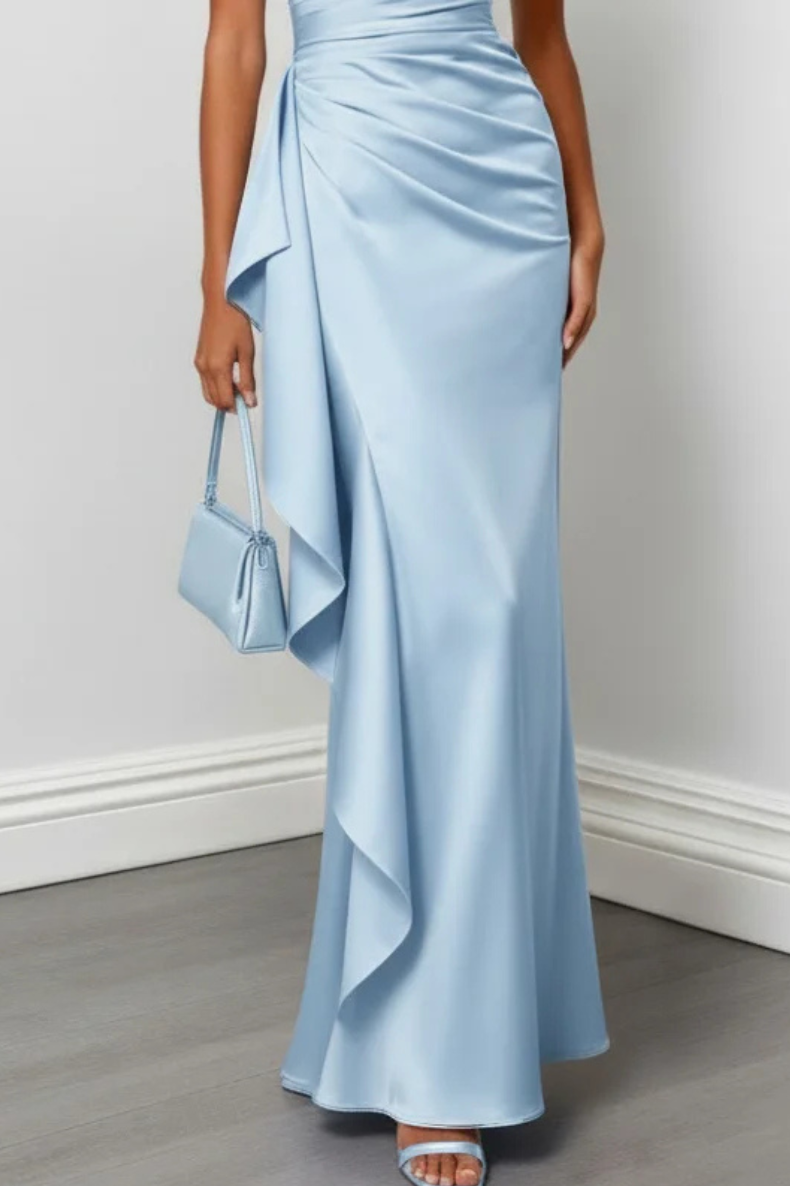 One Shoulder Ruched Satin Maxi Dress with Ruffle Detail