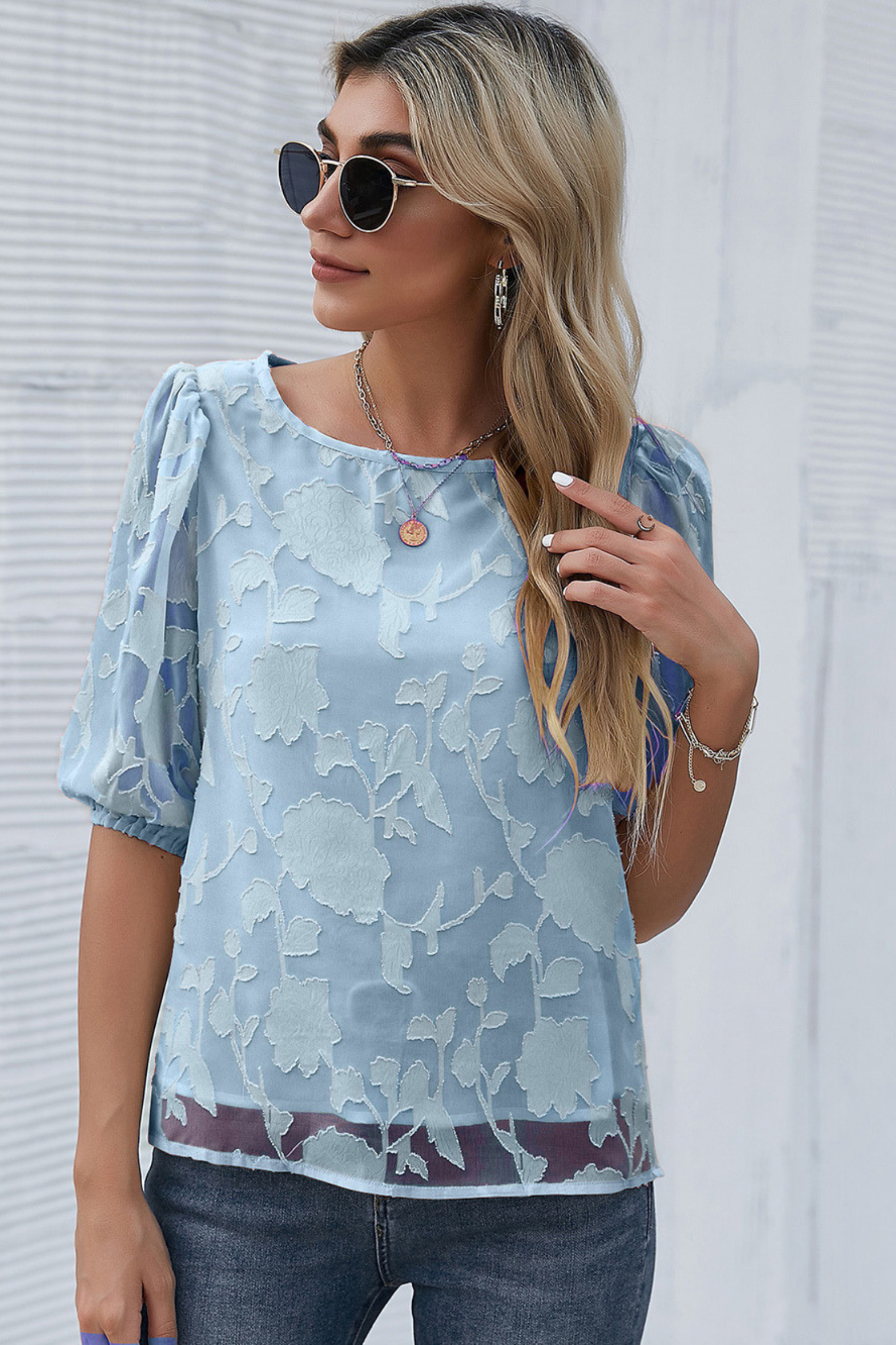 Floral Puff Sleeve Crew Neck Blouse