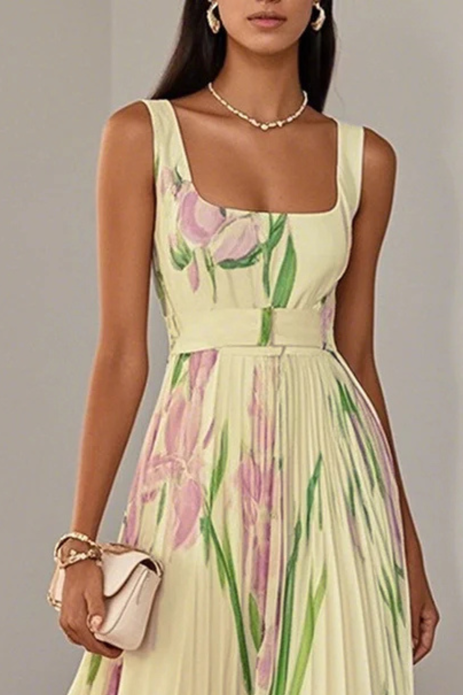 Floral Pleated Chiffon Square Neck Maxi Dress