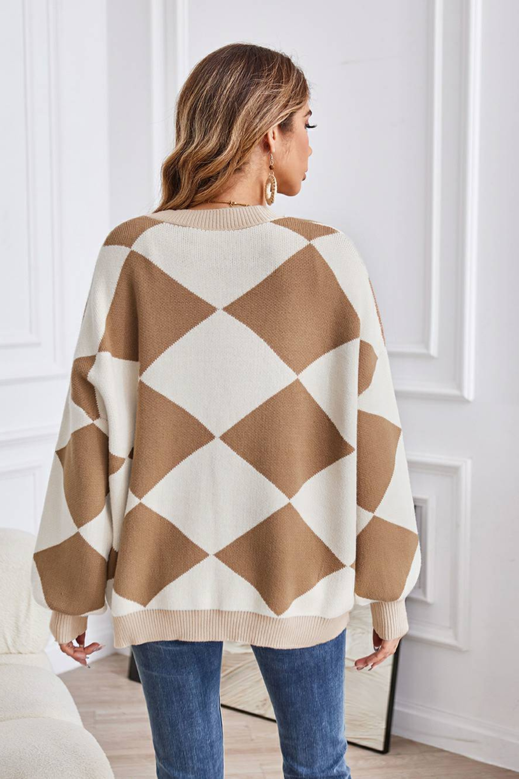 Women's Geometric Knit V Neck Cardigan