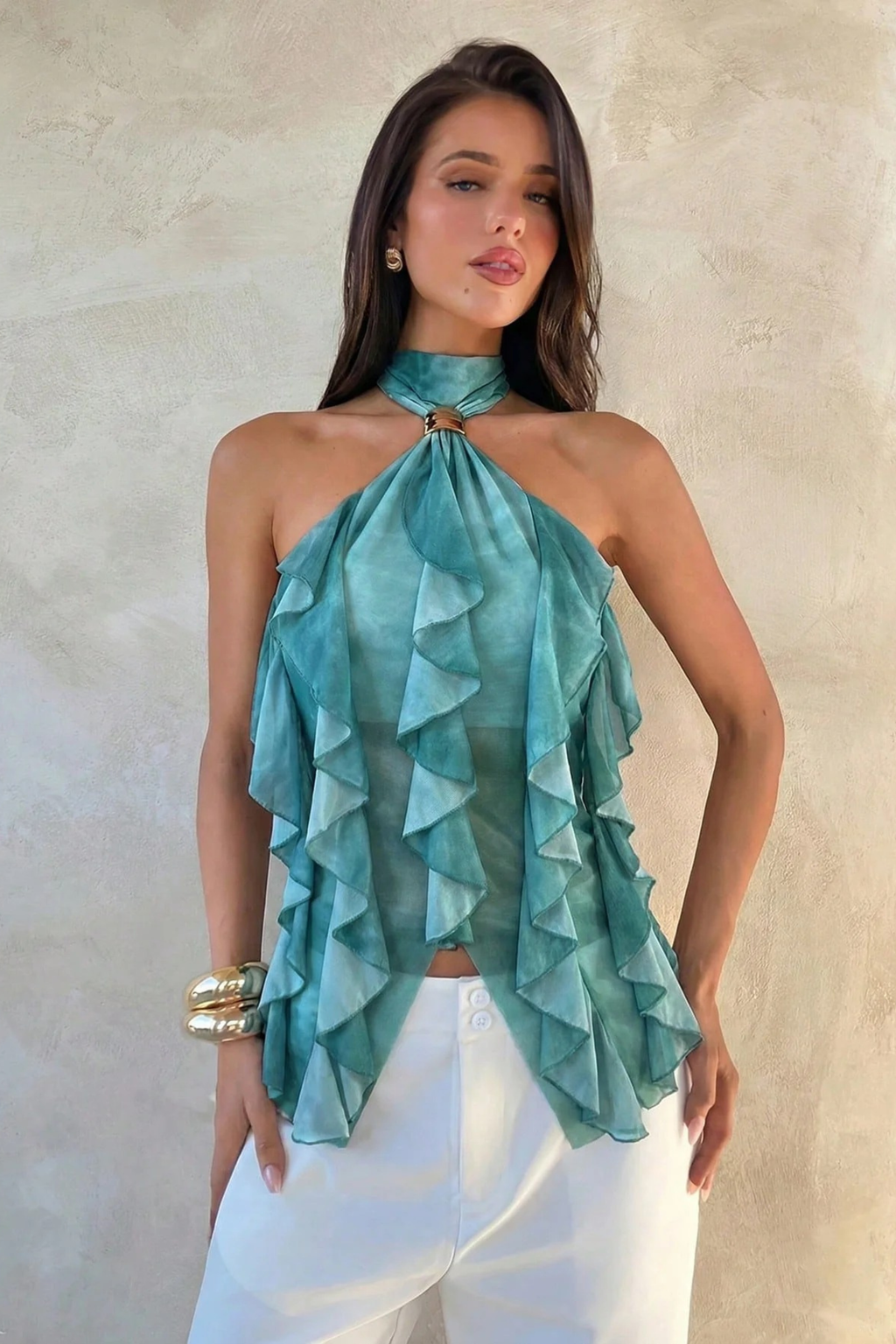 Layered Halter Party Top with Sheer Ruffle Detail