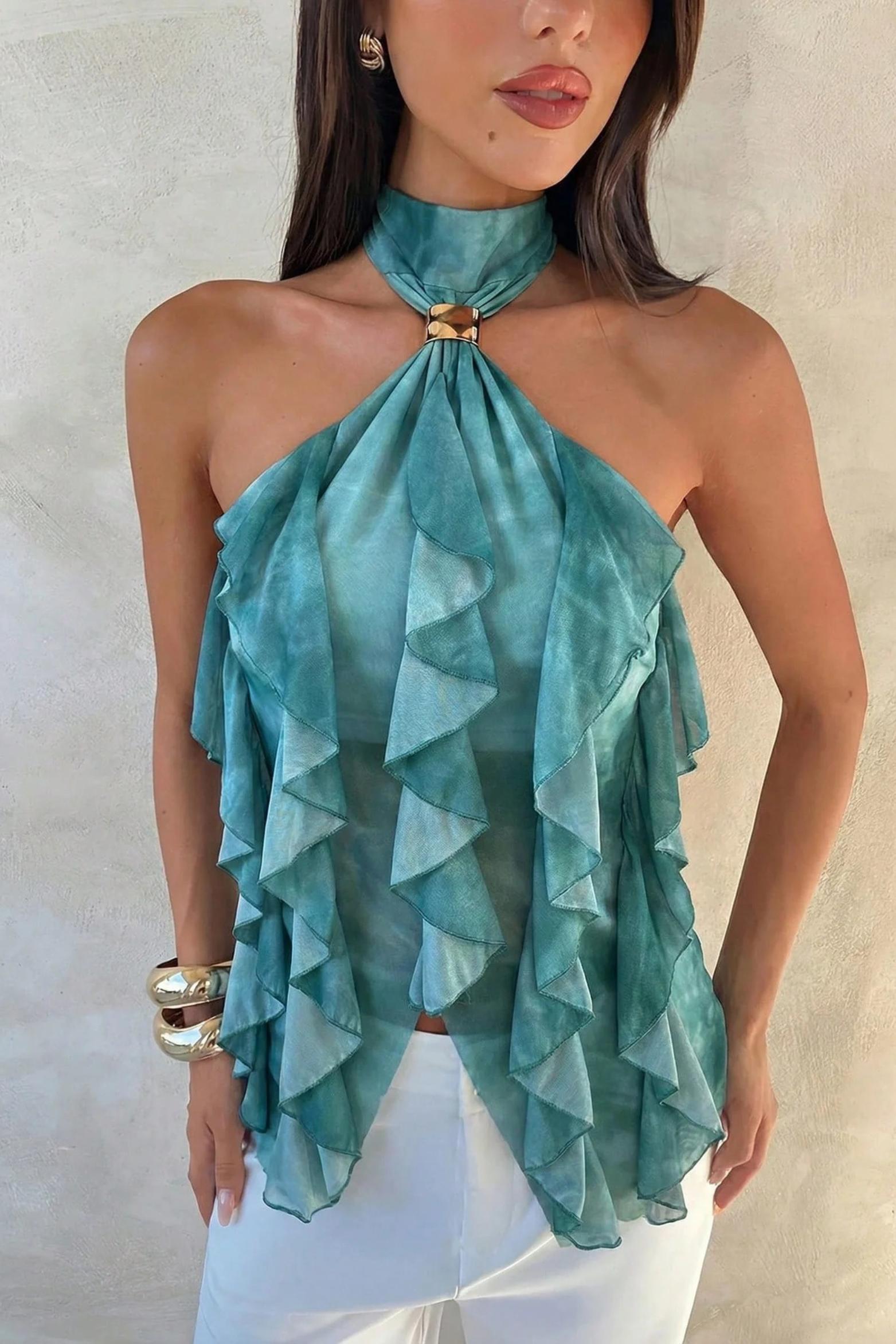 Layered Halter Party Top with Sheer Ruffle Detail