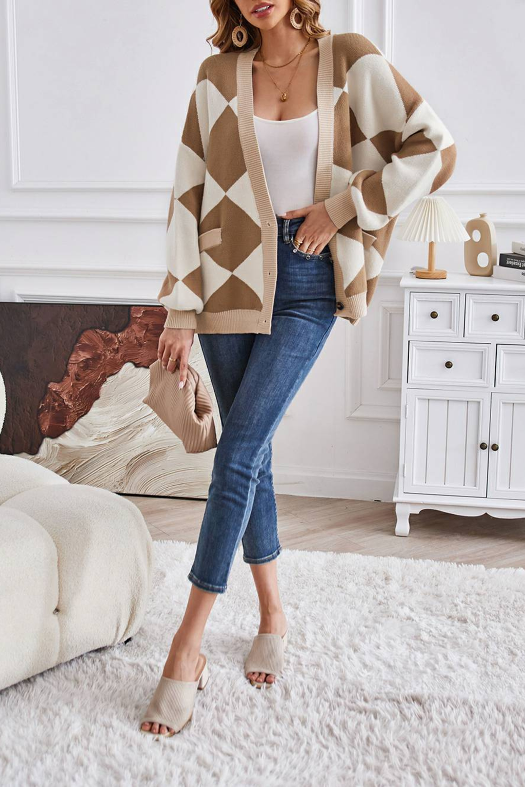 Women's Geometric Knit V Neck Cardigan