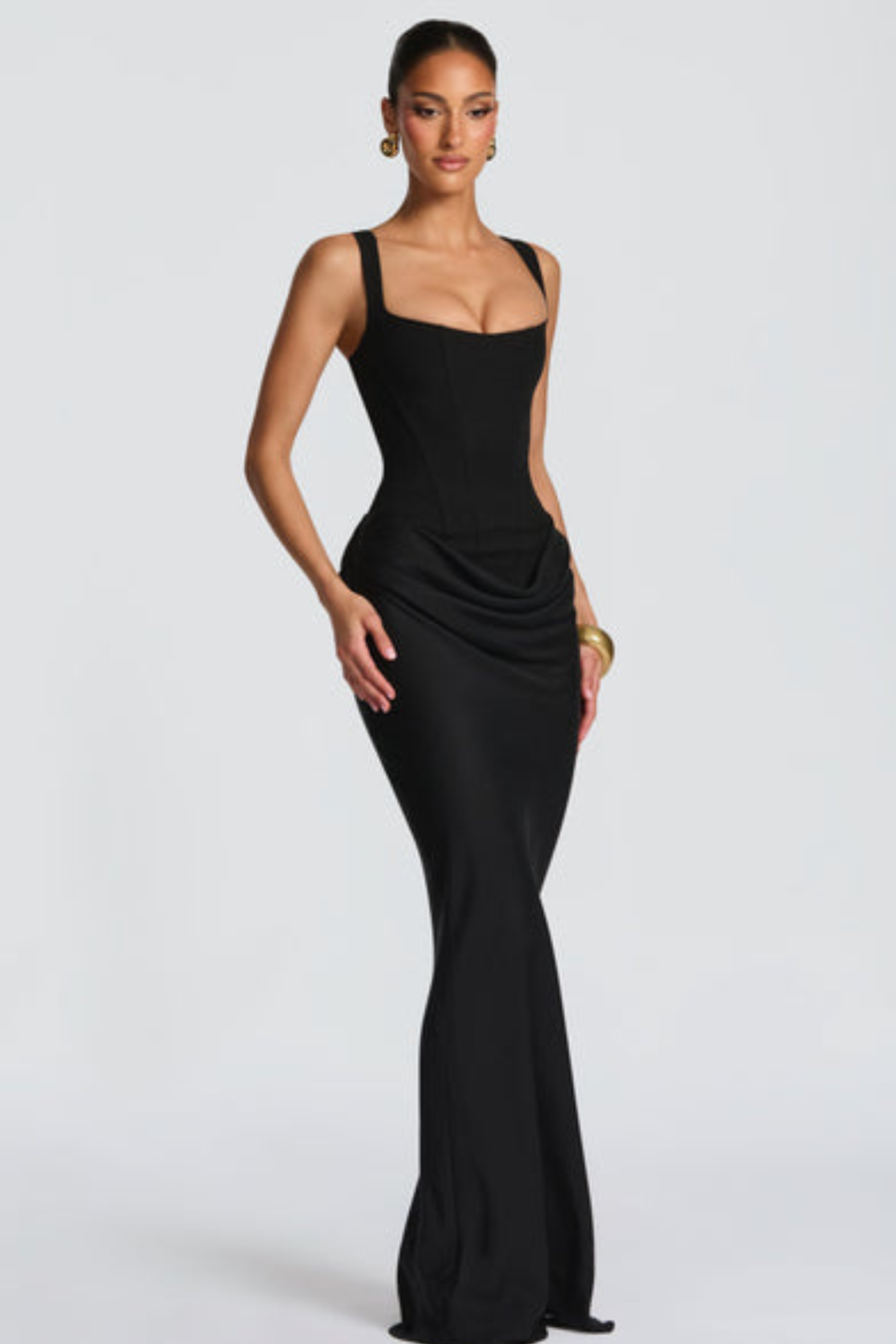 Square Neck Satin Maxi Dress with Open Lace Up Back