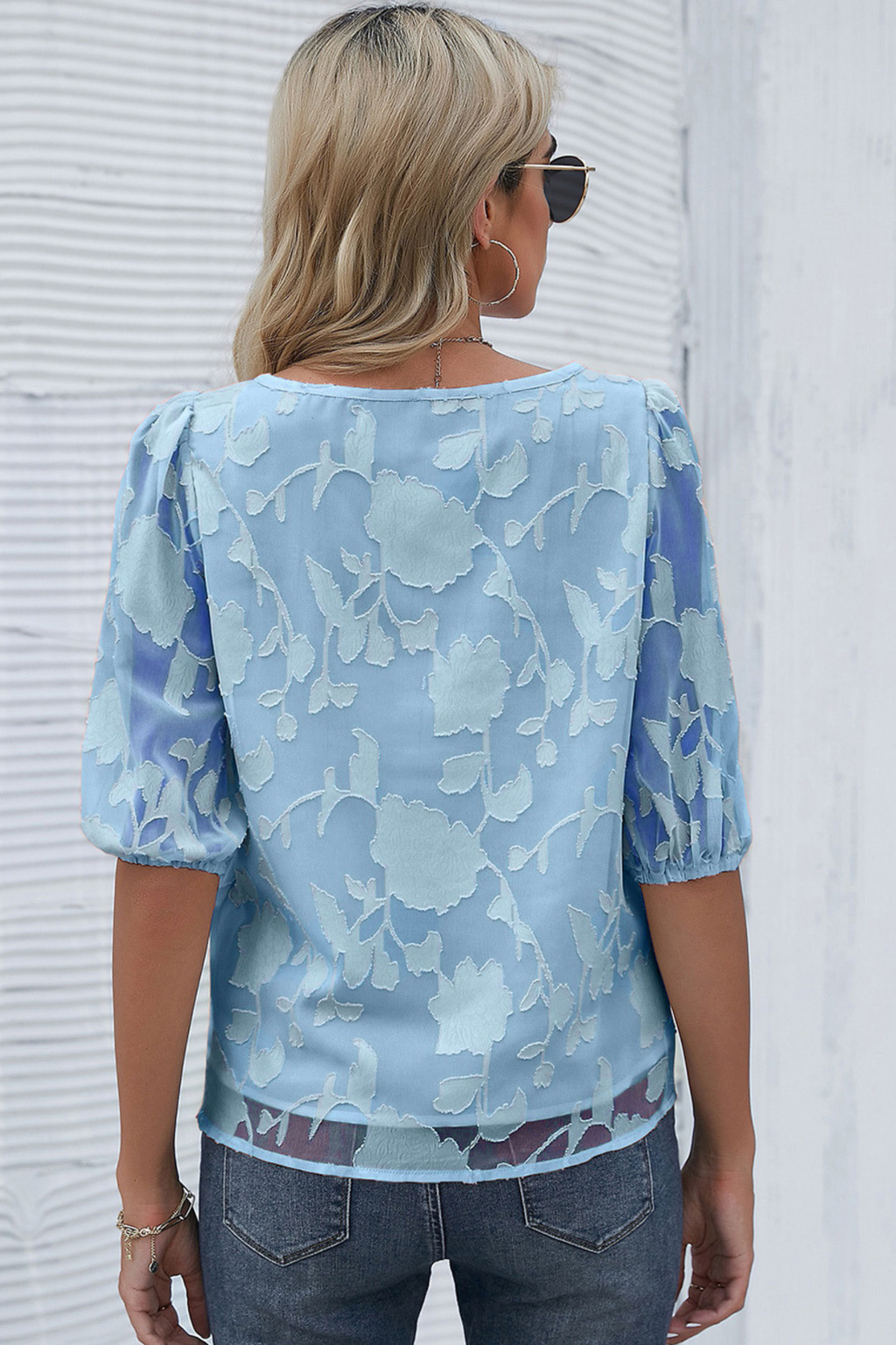 Floral Puff Sleeve Crew Neck Blouse