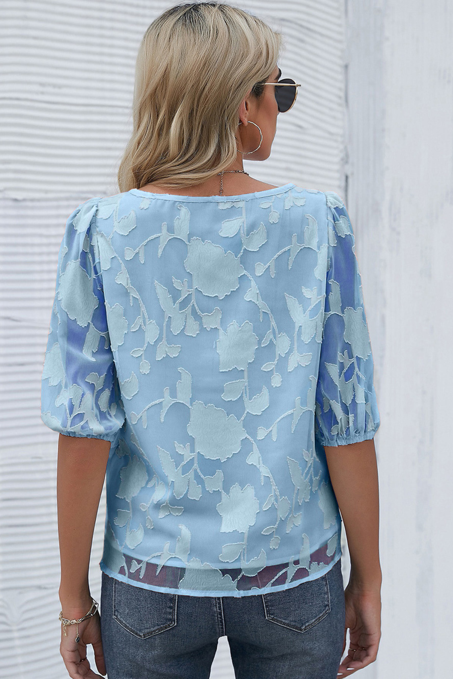 Floral Puff Sleeve Crew Neck Blouse