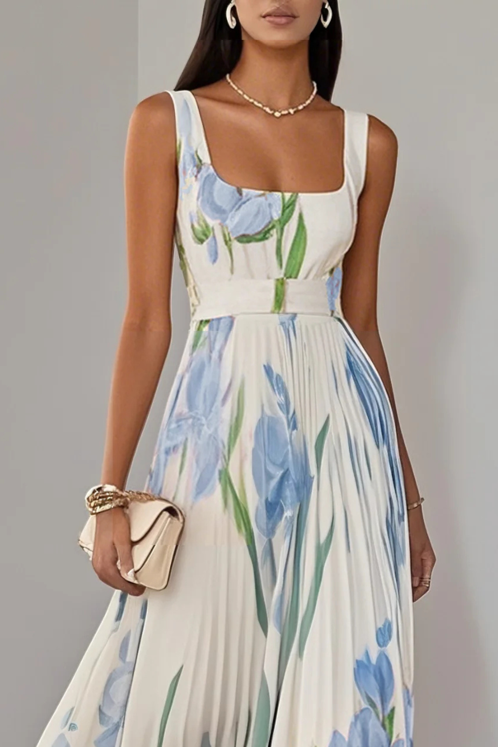 Floral Pleated Chiffon Square Neck Maxi Dress