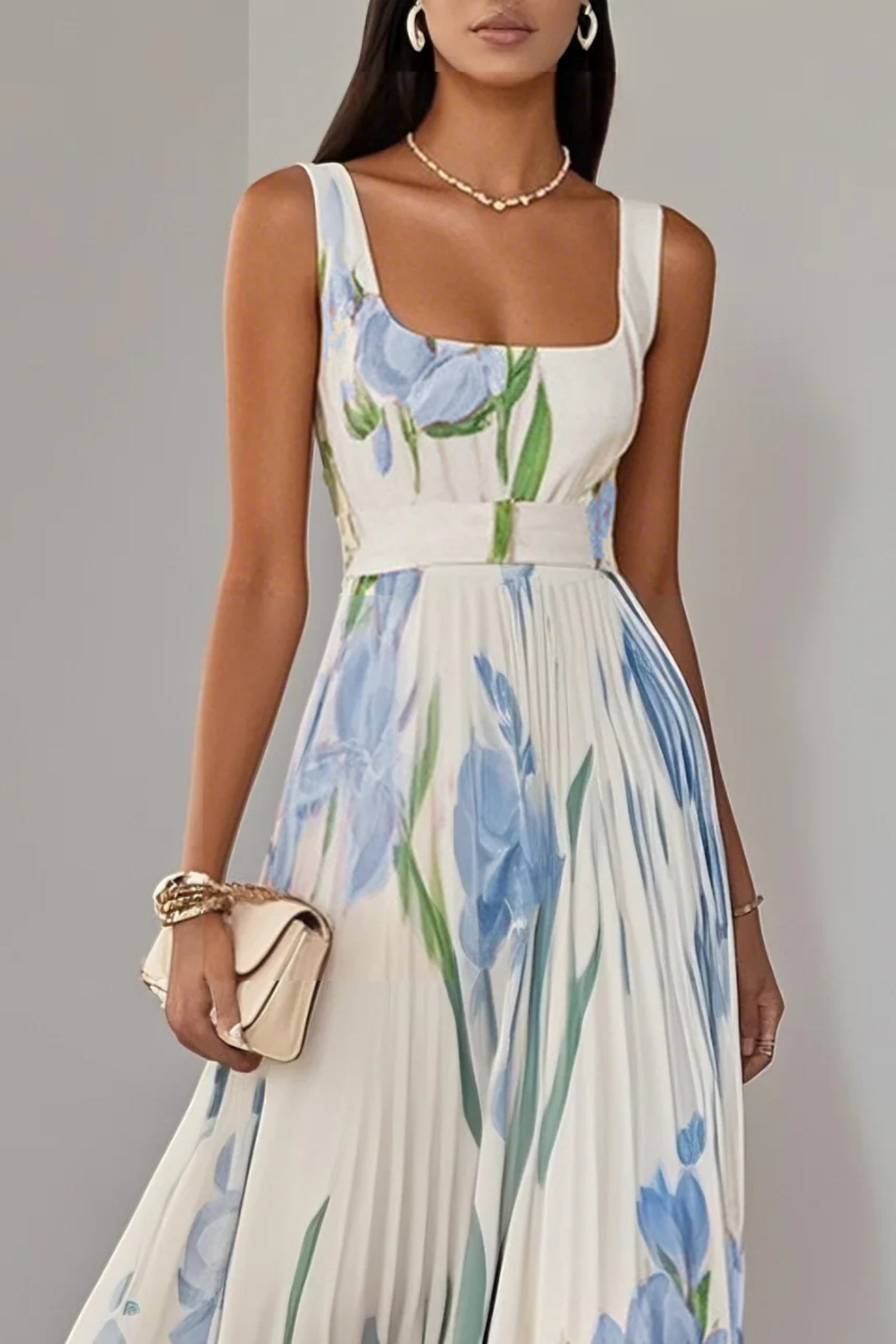 Floral Pleated Chiffon Square Neck Maxi Dress