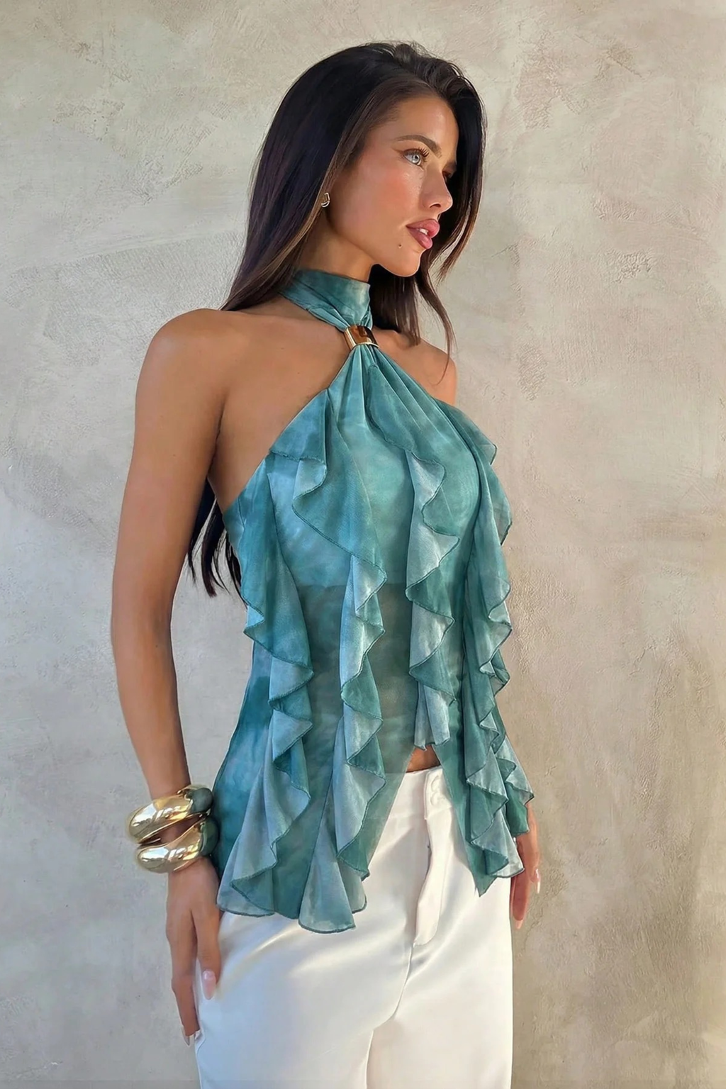 Layered Halter Party Top with Sheer Ruffle Detail