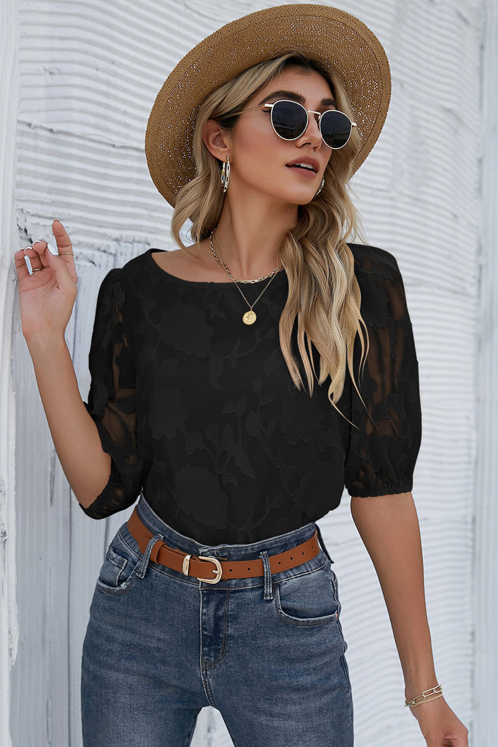 Floral Puff Sleeve Crew Neck Blouse
