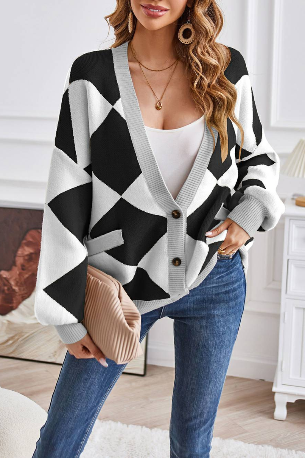 Women's Geometric Knit V Neck Cardigan