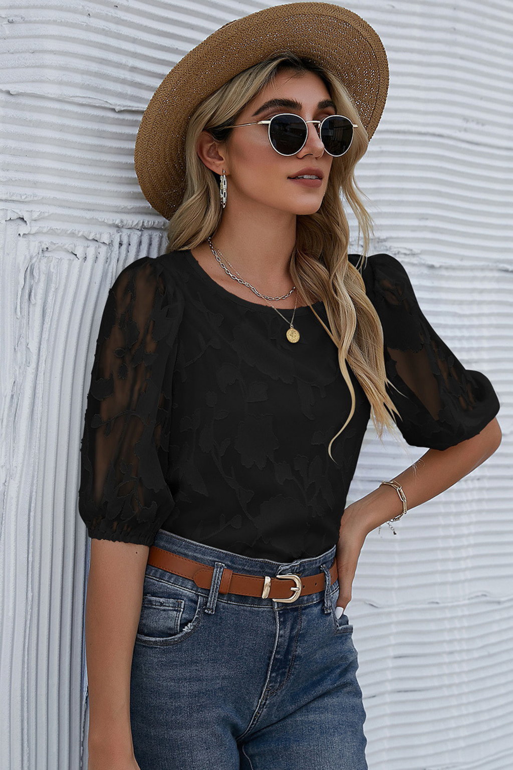 Floral Puff Sleeve Crew Neck Blouse