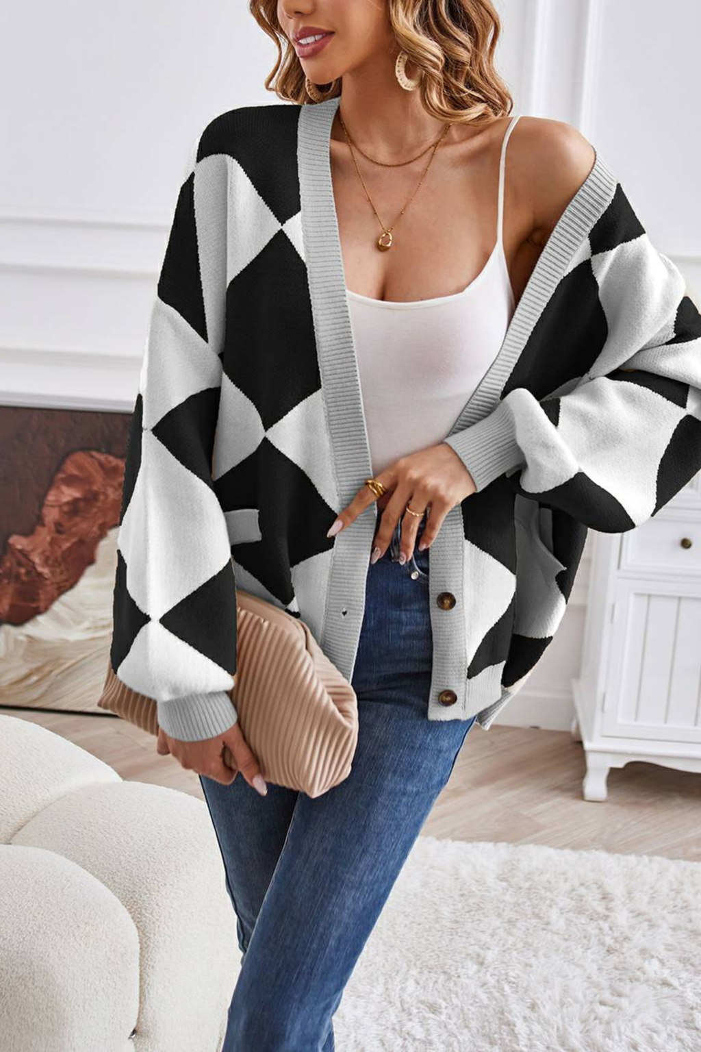 Women's Geometric Knit V Neck Cardigan