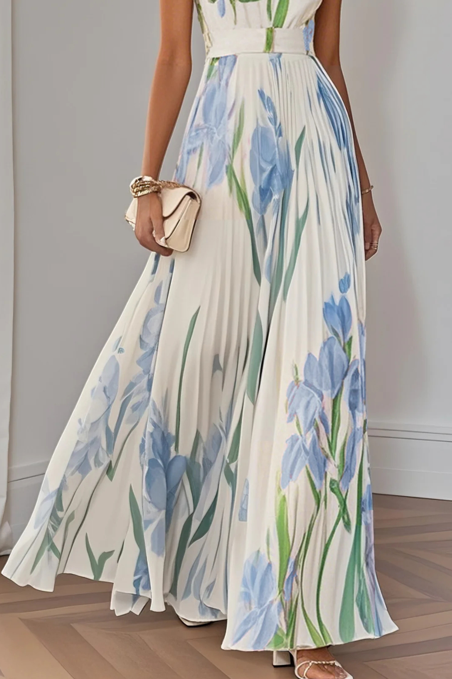 Floral Pleated Chiffon Square Neck Maxi Dress