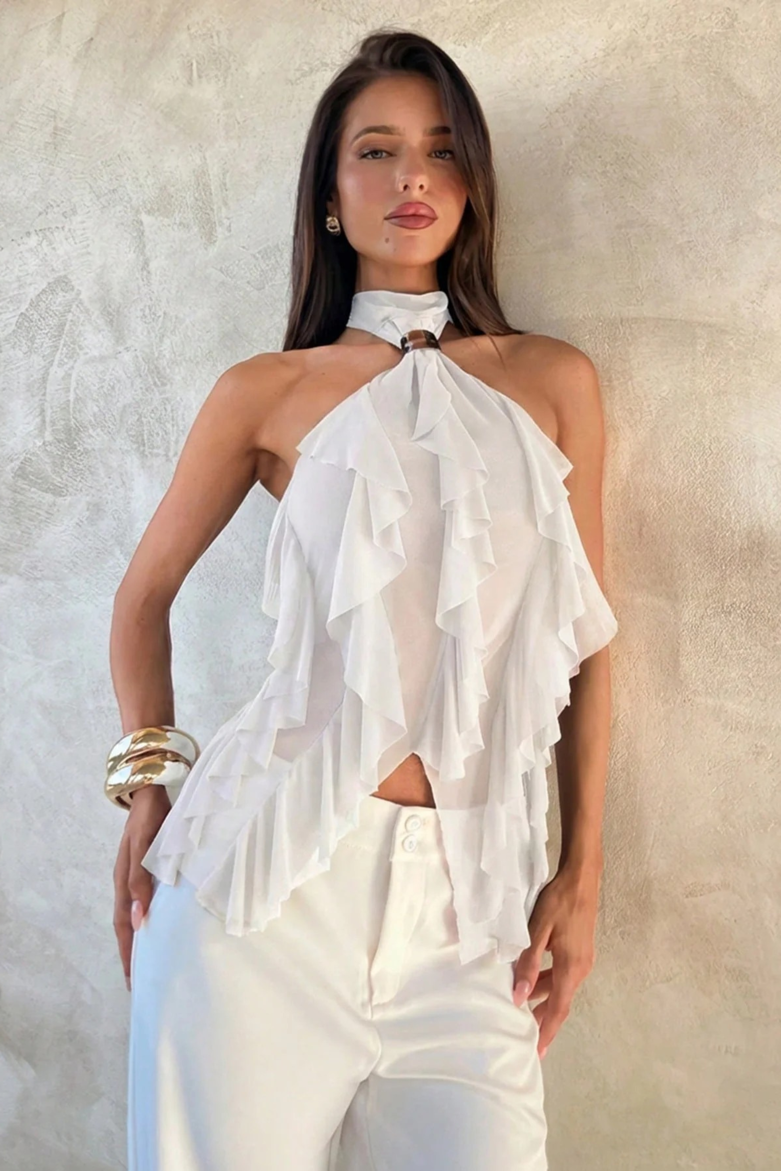 Layered Halter Party Top with Sheer Ruffle Detail