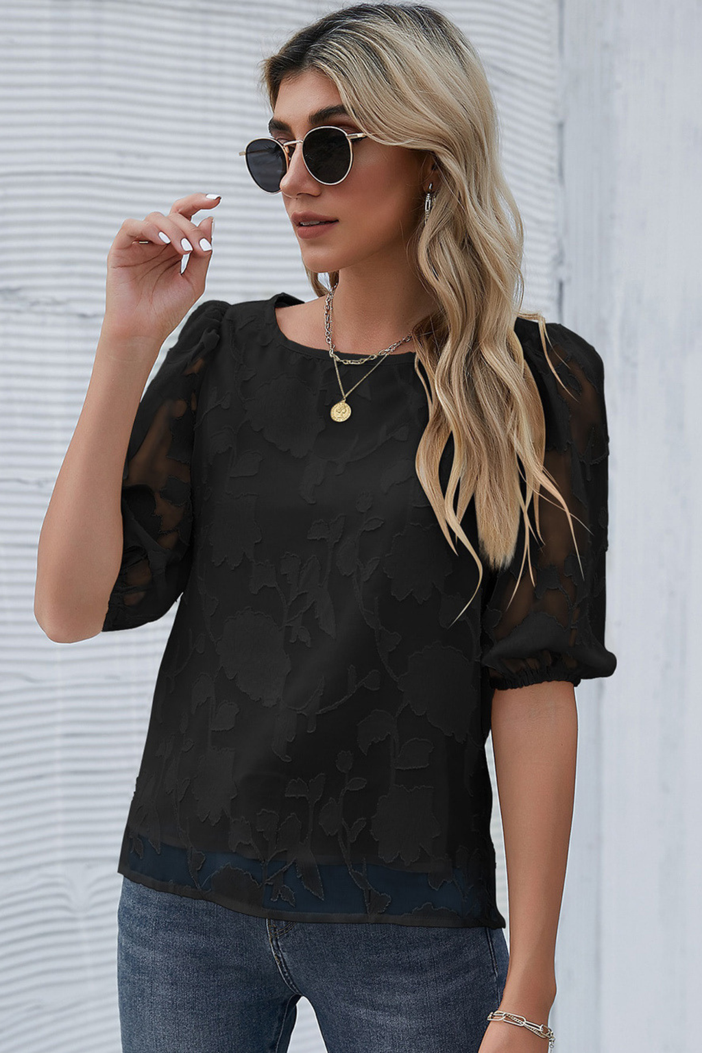 Floral Puff Sleeve Crew Neck Blouse