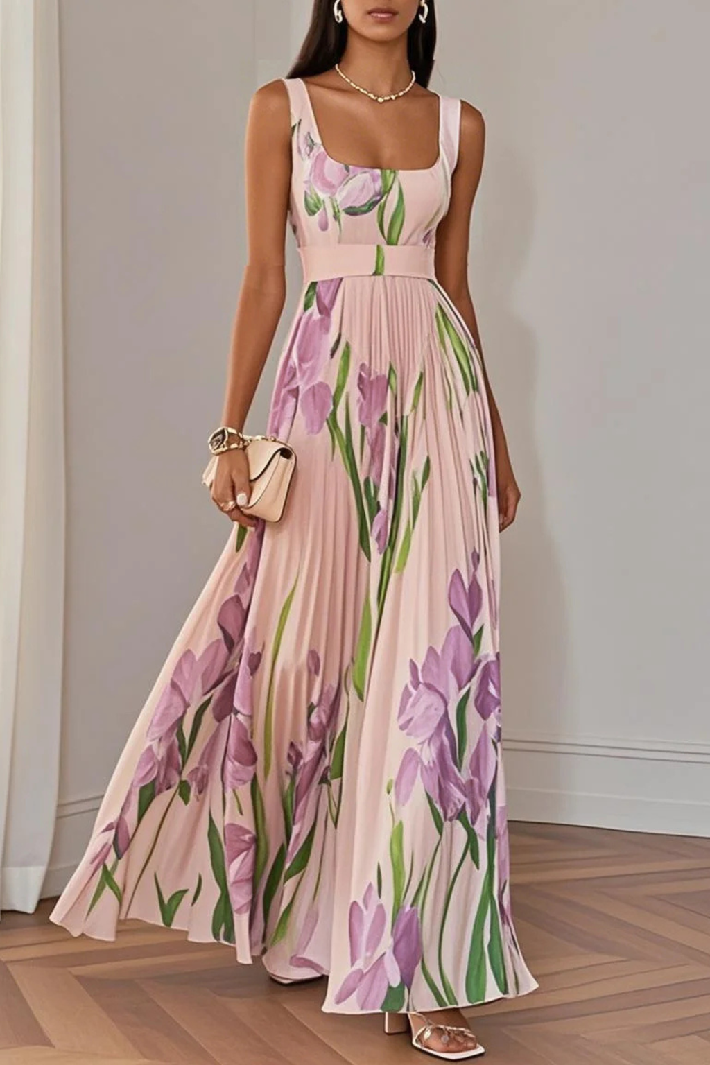 Floral Pleated Chiffon Square Neck Maxi Dress