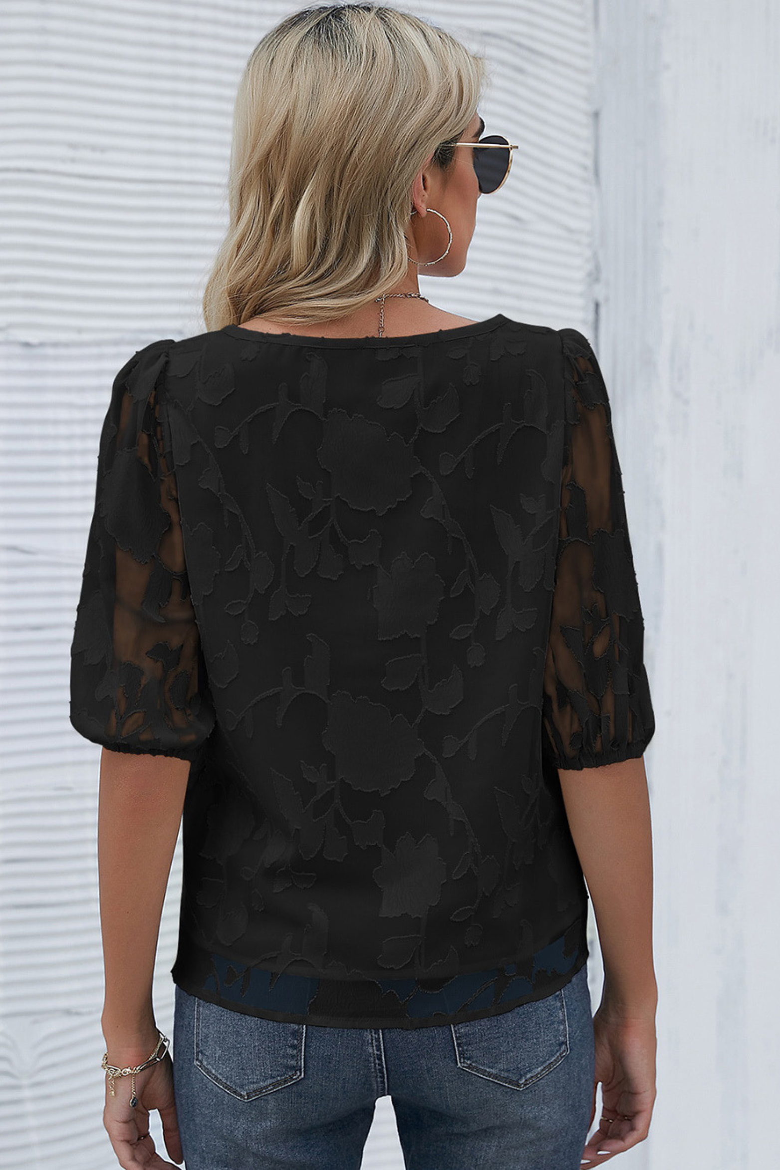 Floral Puff Sleeve Crew Neck Blouse