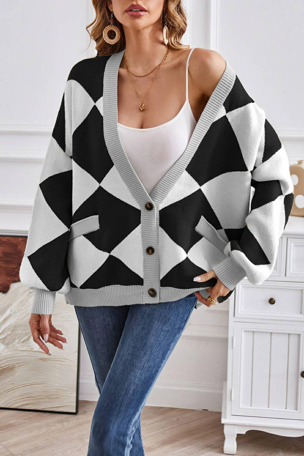 Women's Geometric Knit V Neck Cardigan