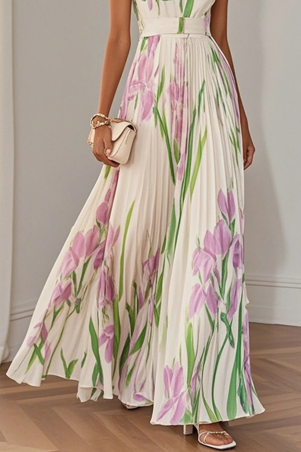 Floral Pleated Chiffon Square Neck Maxi Dress