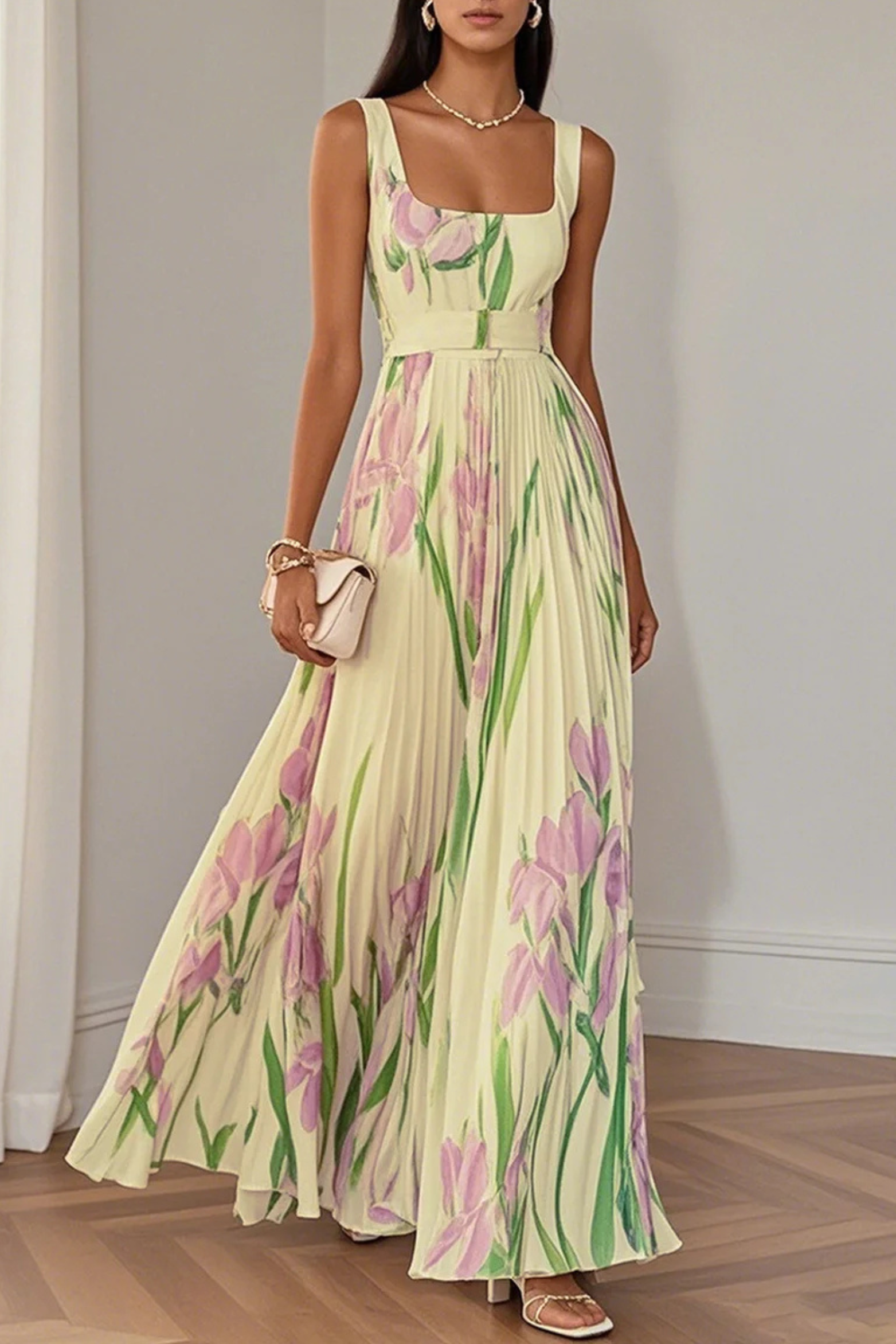 Floral Pleated Chiffon Square Neck Maxi Dress
