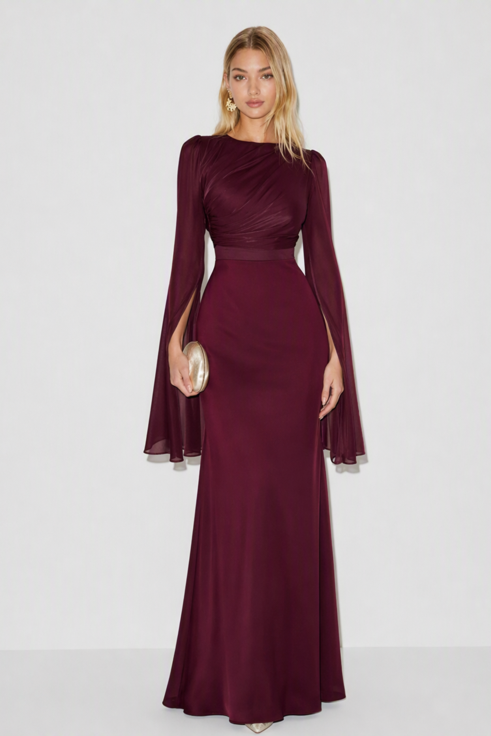 Fallon Satin Cape Sleeve Maxi Dress