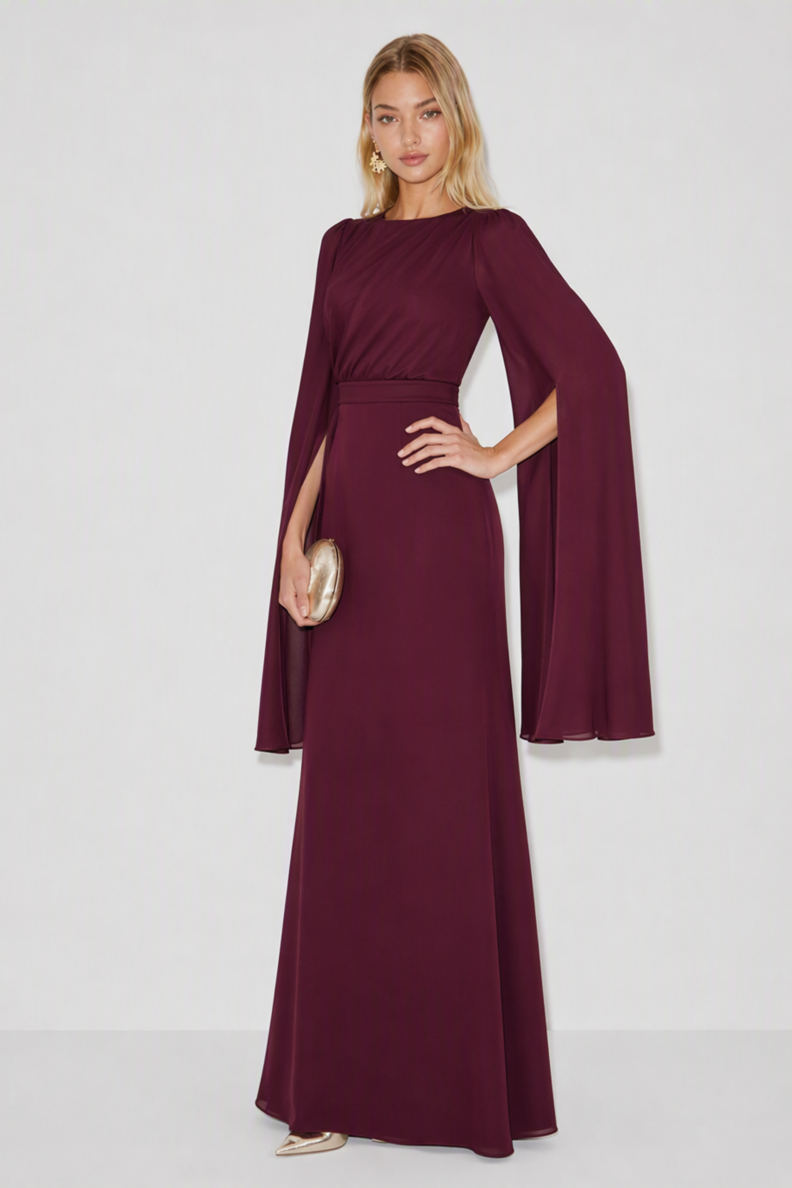 Fallon Satin Cape Sleeve Maxi Dress
