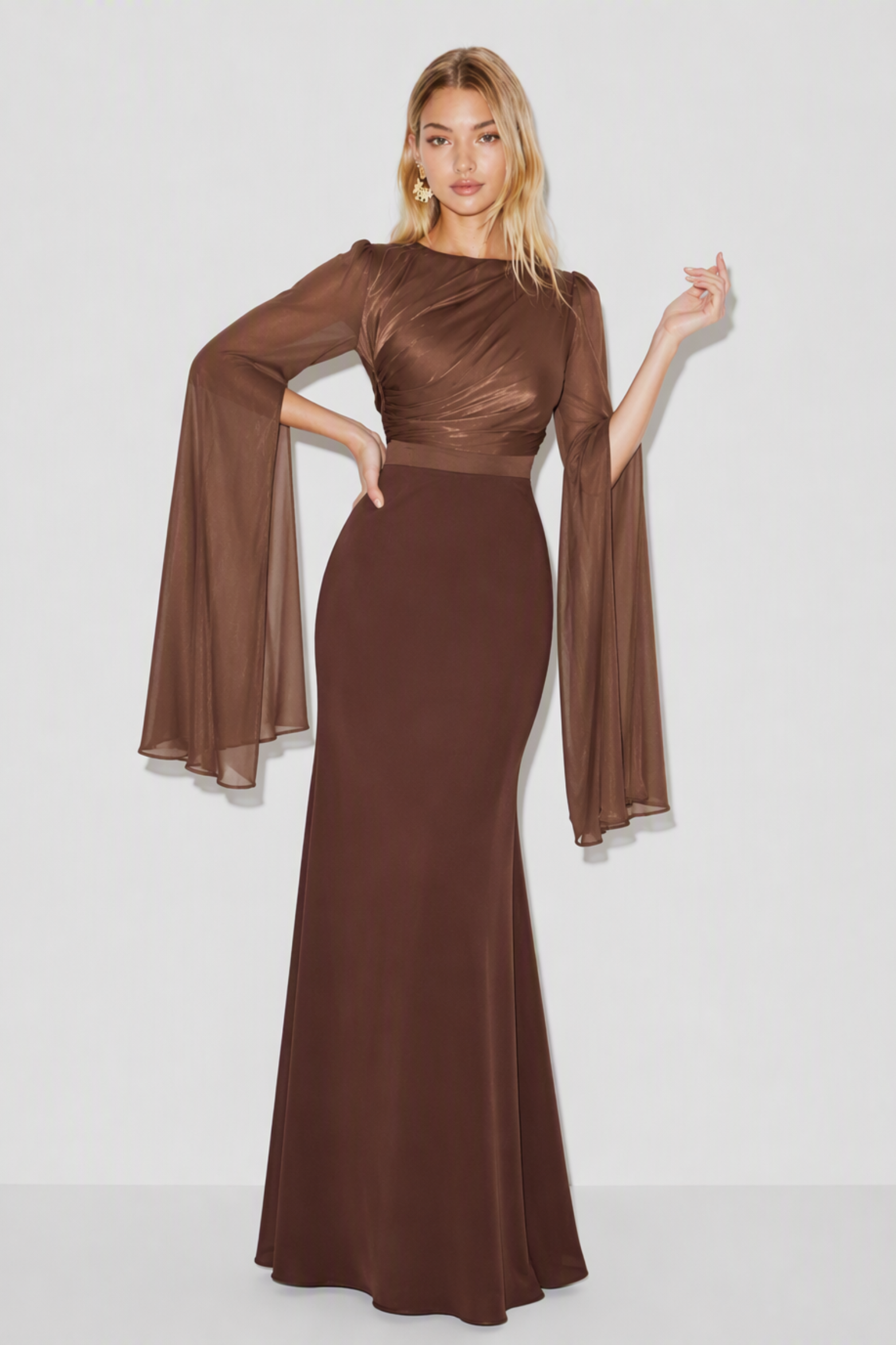 Fallon Satin Cape Sleeve Maxi Dress