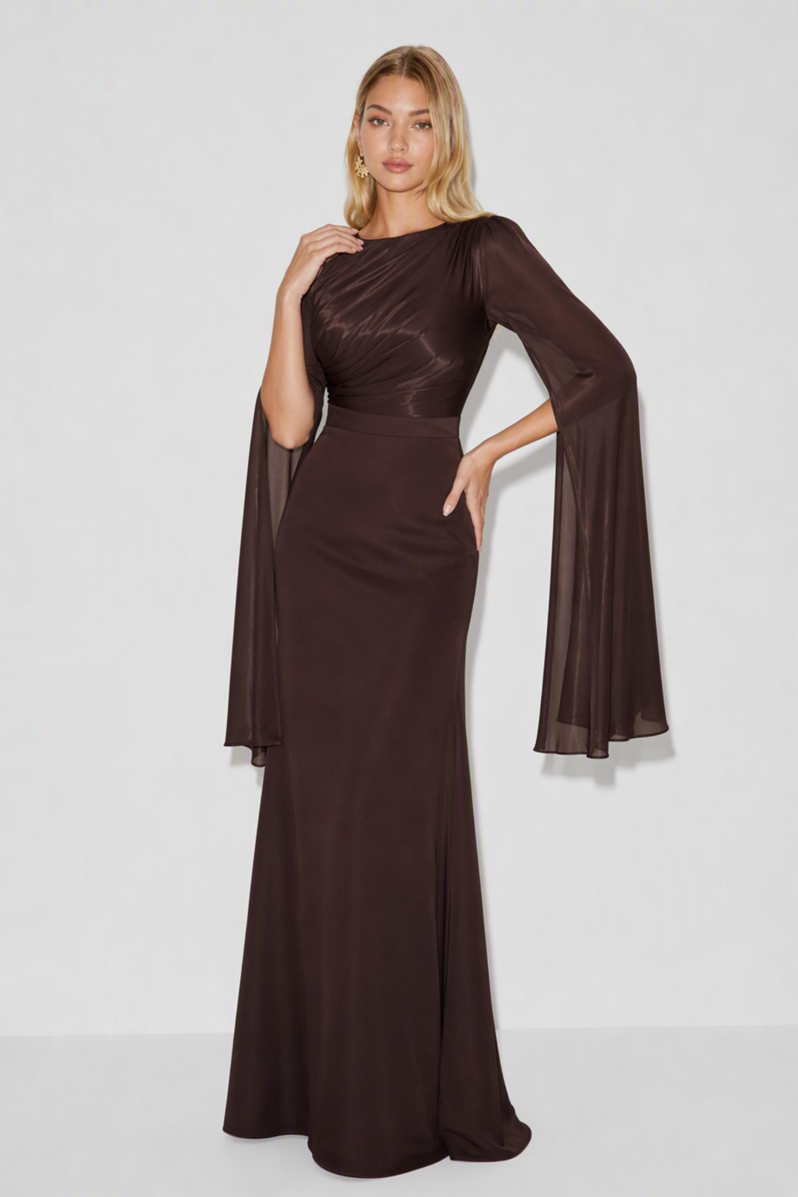 Fallon Satin Cape Sleeve Maxi Dress