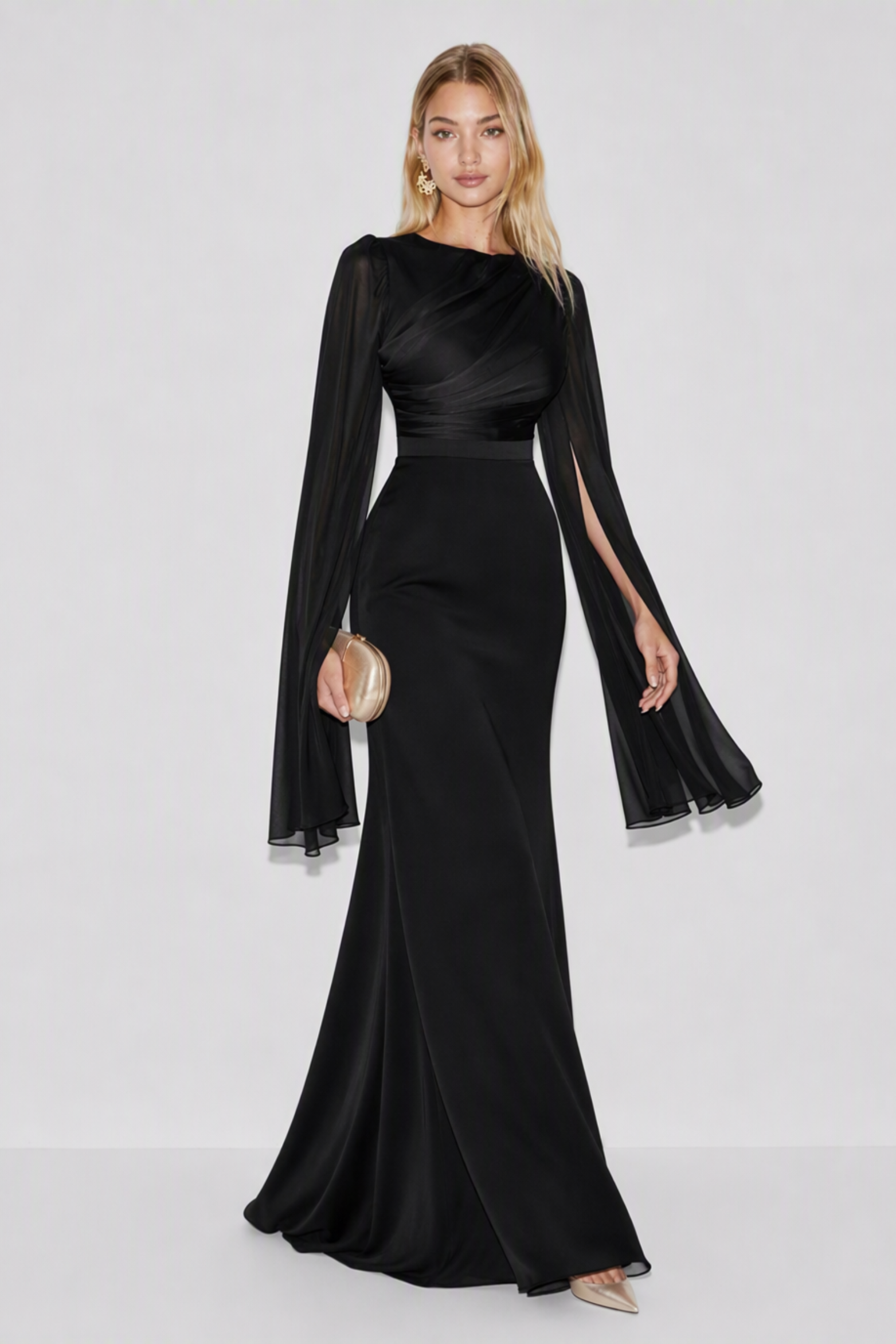 Fallon Satin Cape Sleeve Maxi Dress