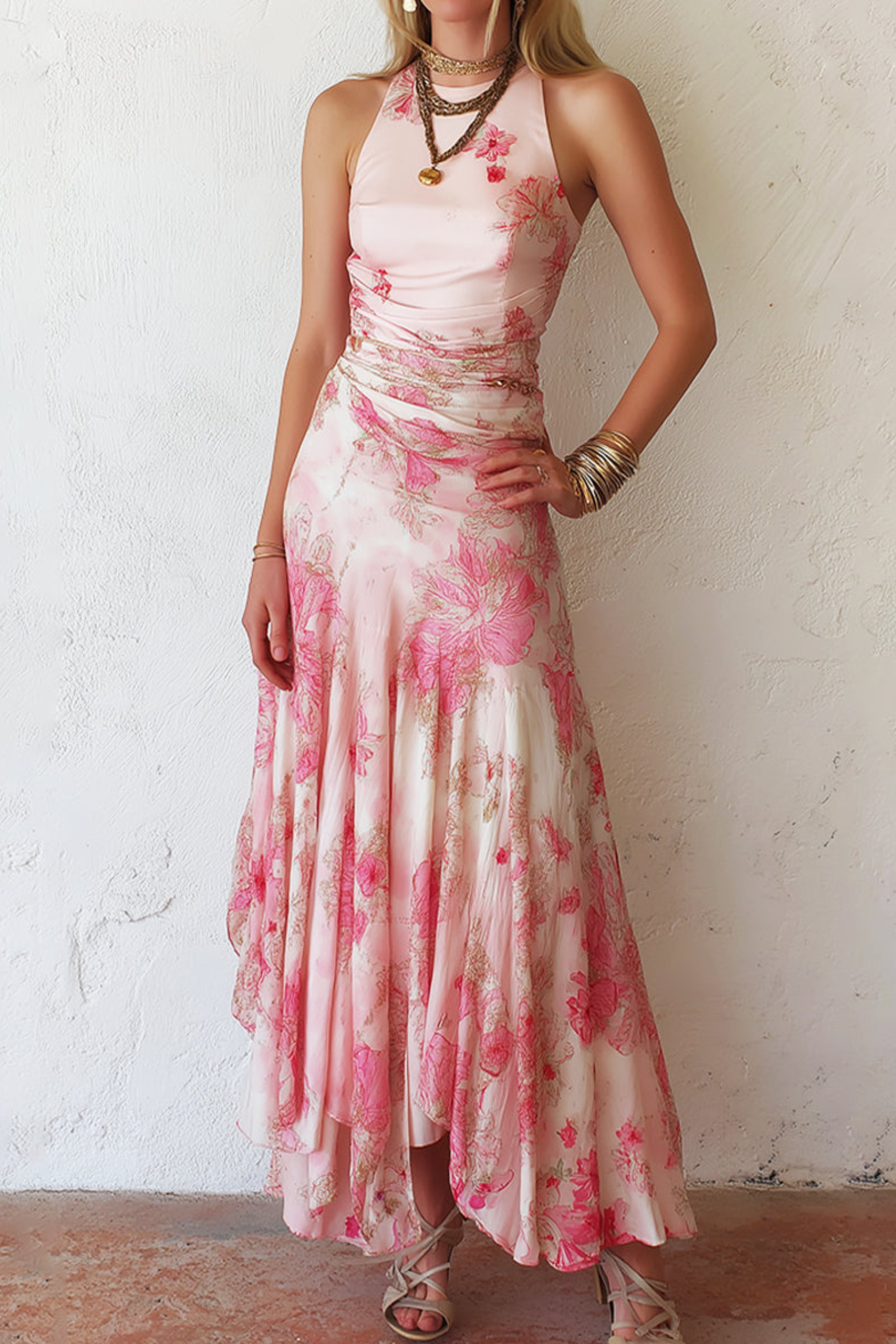 Pink Floral Chiffon Pleated Midi Dress