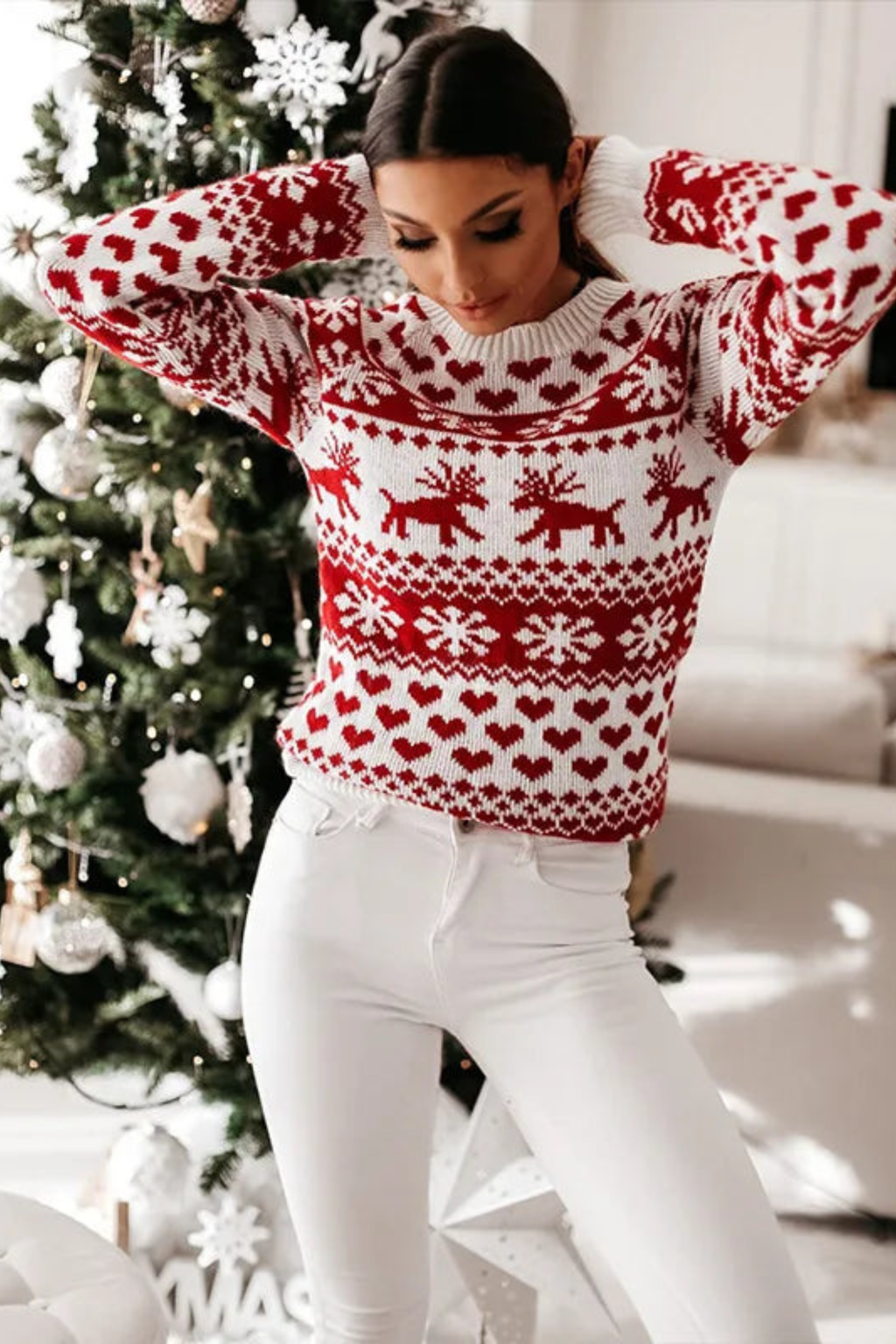 Festive Winter Motif Crew Neck Sweater