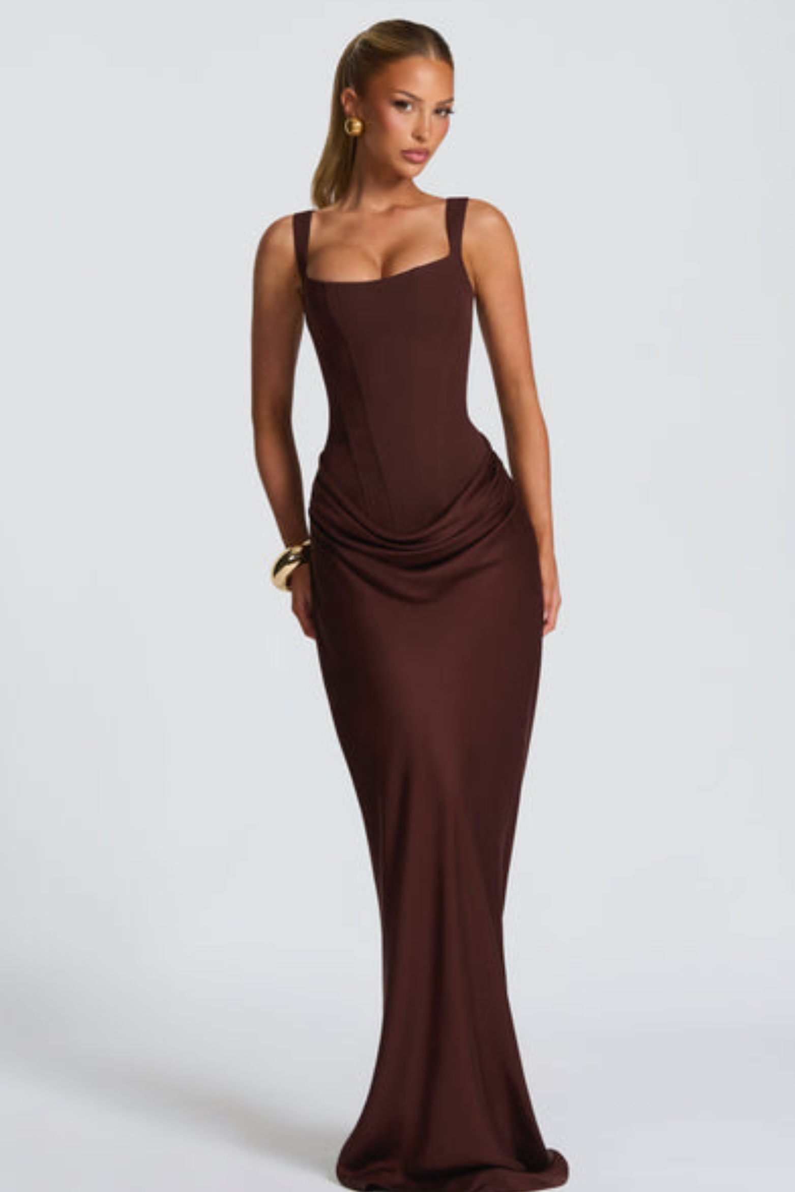 Square Neck Satin Maxi Dress with Open Lace Up Back