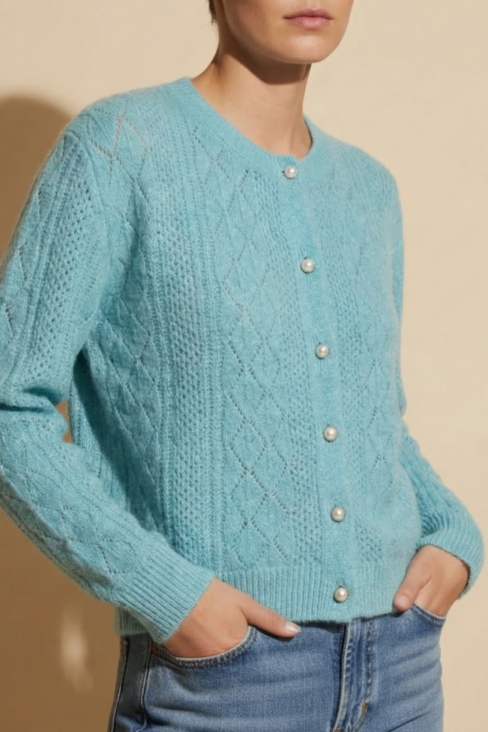 Women's Pearl Accent Open Knit Sweater